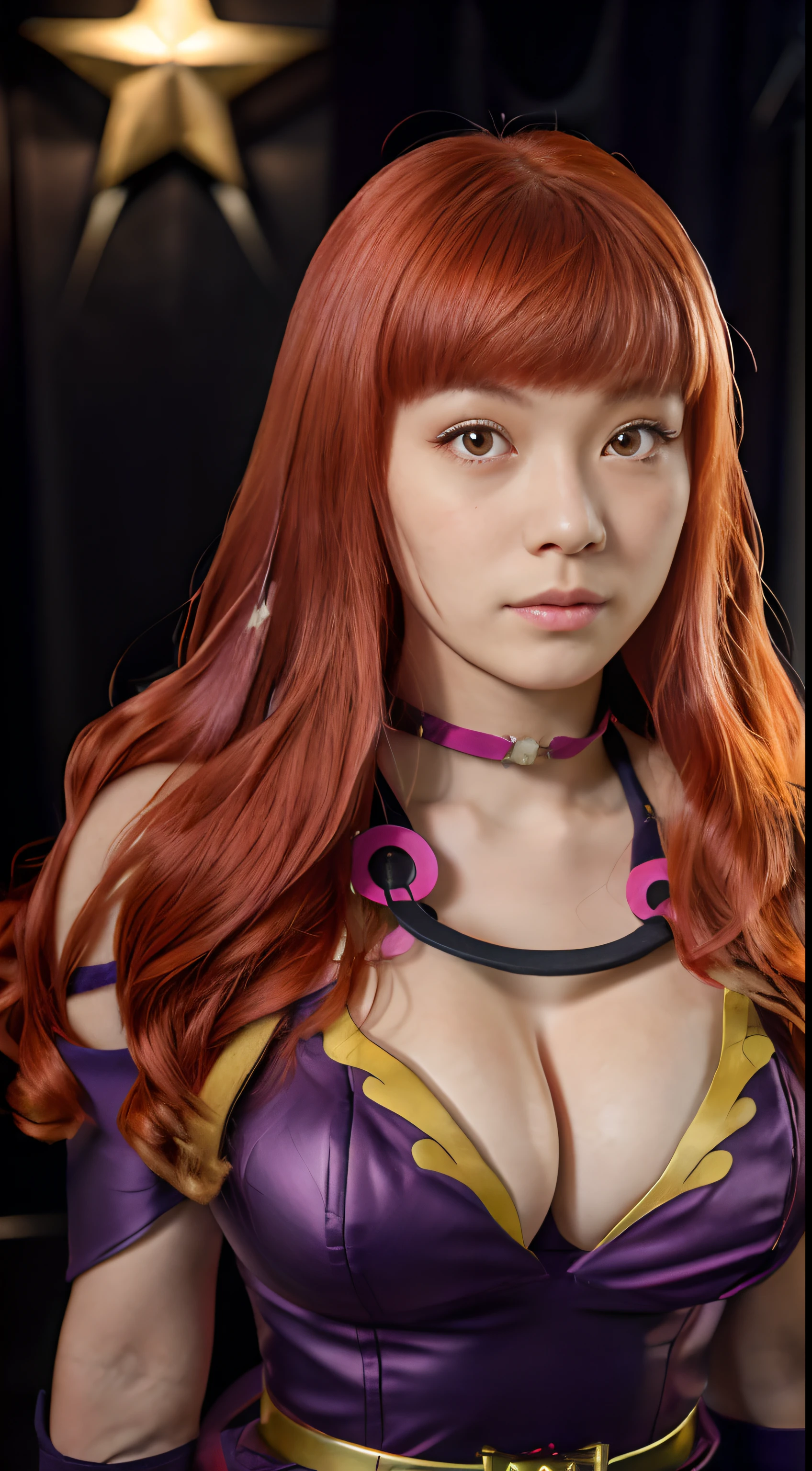 YunakaFE, 1girl, photo portrait of yunaka, red hair with long bangs, hair behind shoulders, choker, cleavage, star hair ornament, belt, purple sailor outfit, elbow gloves, close up, epic photograph, white woman with ginger hair, studio lighting, ektachrome, Fujifilm XT3, masterpiece