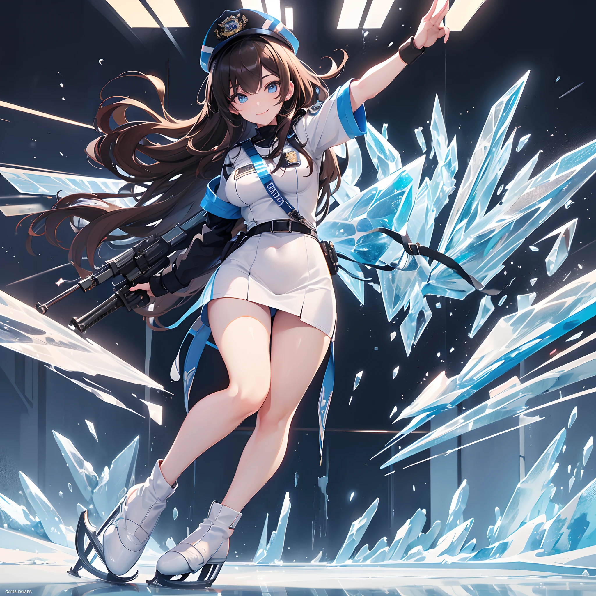 ((((fullllbody,Ice skater in police clothes, sensual smiling, 1 persons)))No background, One Young Woman, police officers,Ice-based weapons,Brown hair, eye reflections, Open Makeup, high detailing, Gothic art, Ray tracing reflected light, masutepiece,  Super Detail, high detailing, High quality, Better Quality, Luxury, Reflected Light, multi view, Perspective, ultra wide-angle,