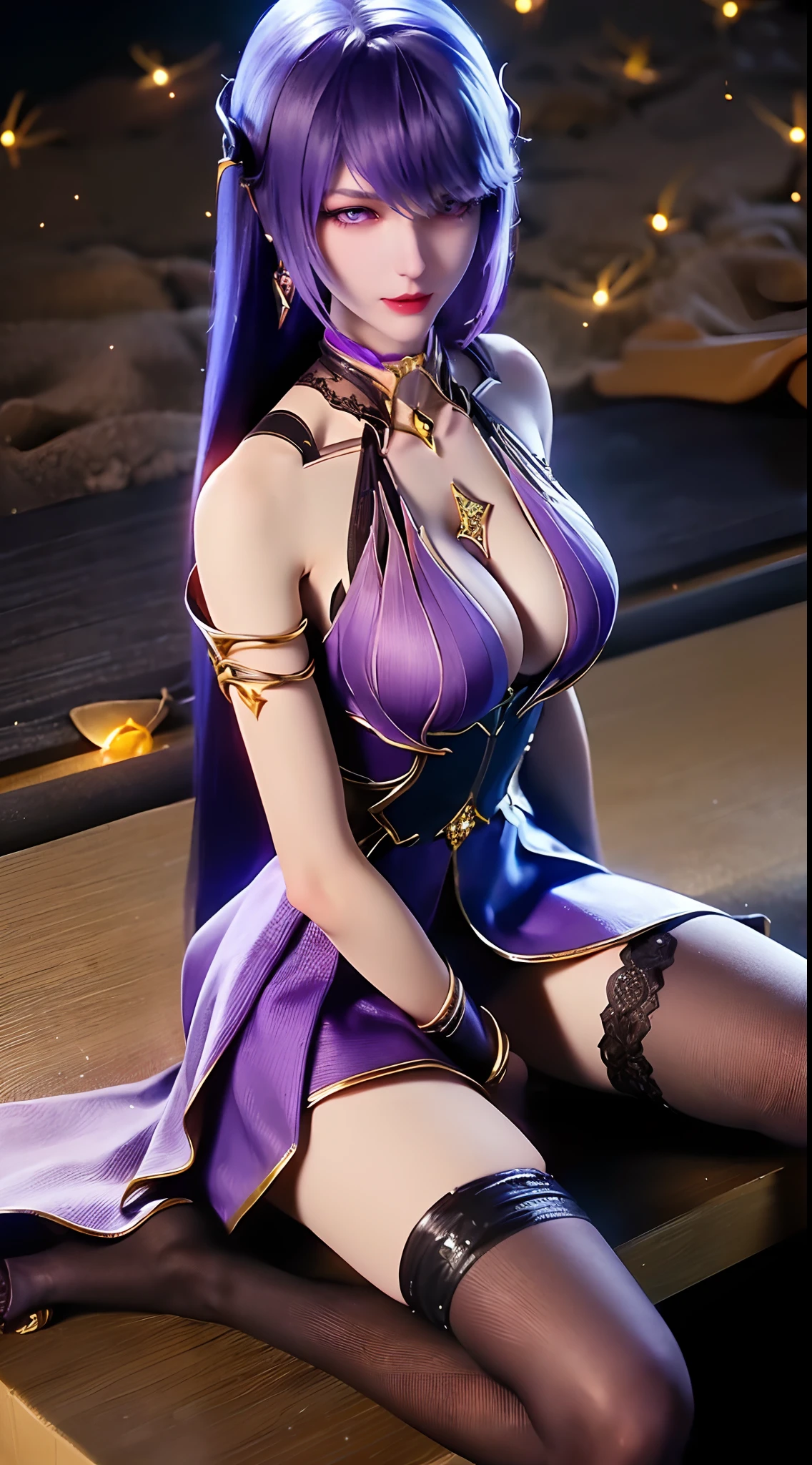 1 beautiful and sexy 20 year old girl, ((wearing a super purlpe dress:1.6)), ((a dress with diamonds:1.7)), ((long purple hair:1.6)), jewelry elaborately made from precious stones and beautiful hair, ((A thin red silk scarf covers half of the face:1.5)), the noble, noble style of an extremely beautiful girl, her small face is super cute, her face is very pretty, thin eyebrows, flawless beautiful face, ((black eye pupils: 0.8)), very beautiful eyes, ((purple eyes: 1.6)), (((big round eyes:1.6))), nice makeup and hair detailed eyelashes, steamy eye makeup, high nose, earrings, red lips, ((closed mouth: 1.5)) beautiful lips, slim hands, most beautiful thighs, ((arms spread out to the sides: 1.5)), rosy face, clean face, flawless beautiful face, smooth white skin, (big breasts: 1.5)), ((high breasts: 1.6)), tight breasts, beautiful cleavage, (((big breasts and super round: 1.8))), ((super tight breasts: 1.7)) , beautiful breasts, perfect body, back arms, chest out, ((thin black mesh stockings with black lace trim:1.5)), ((sitting position with chest up and arms behind: 1.6)), ((open your legs:1.2)), don't be shy, 8k photo, super high quality, super realistic, super 10x pixels, optical, bright studio, bright edges, dual-tone lighting, (high-detail skin:1.2), super 8k, soft lighting, high quality, volumetric lighting, photorealistic, photorealistic high resolution, lighting, best photo, 4k, 8k quality, blur effect, smooth sharp, 10 x pixel, ((Beach at night and fireflies background:1.5)), aurora, lightning, super graphics realistic, most realistic graphics, 1 girl, alone, solo, Extremely sharp image, surreal, (((frontal portrait: 1.5)))."