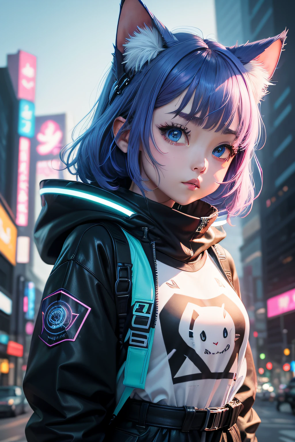 Futuristic cat-eared girl character、Draw Aimira。She has neon blue eyes.、Wearing cyberpunk-inspired accessories。Clothing is made of hologram material、It is designed in the image of IT technology.。The expression is curious、Please express a cheerful and energetic appearance。The backdrop is the futuristic city of neon Tokyo、Keep futuristic buildings and digital elements visible。an oil painting、8K、