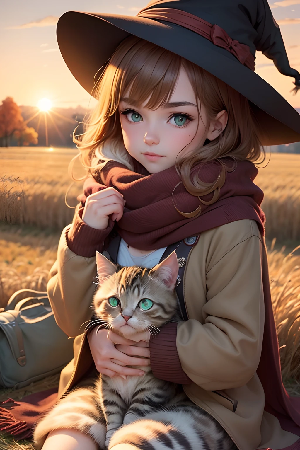 a cute floofy animal kitten with a bordeaux woolen scarf sitting in an autumn hayfield at sunset, green eyes, cat, tabby kitten, soft, dreamy, cute,  witch