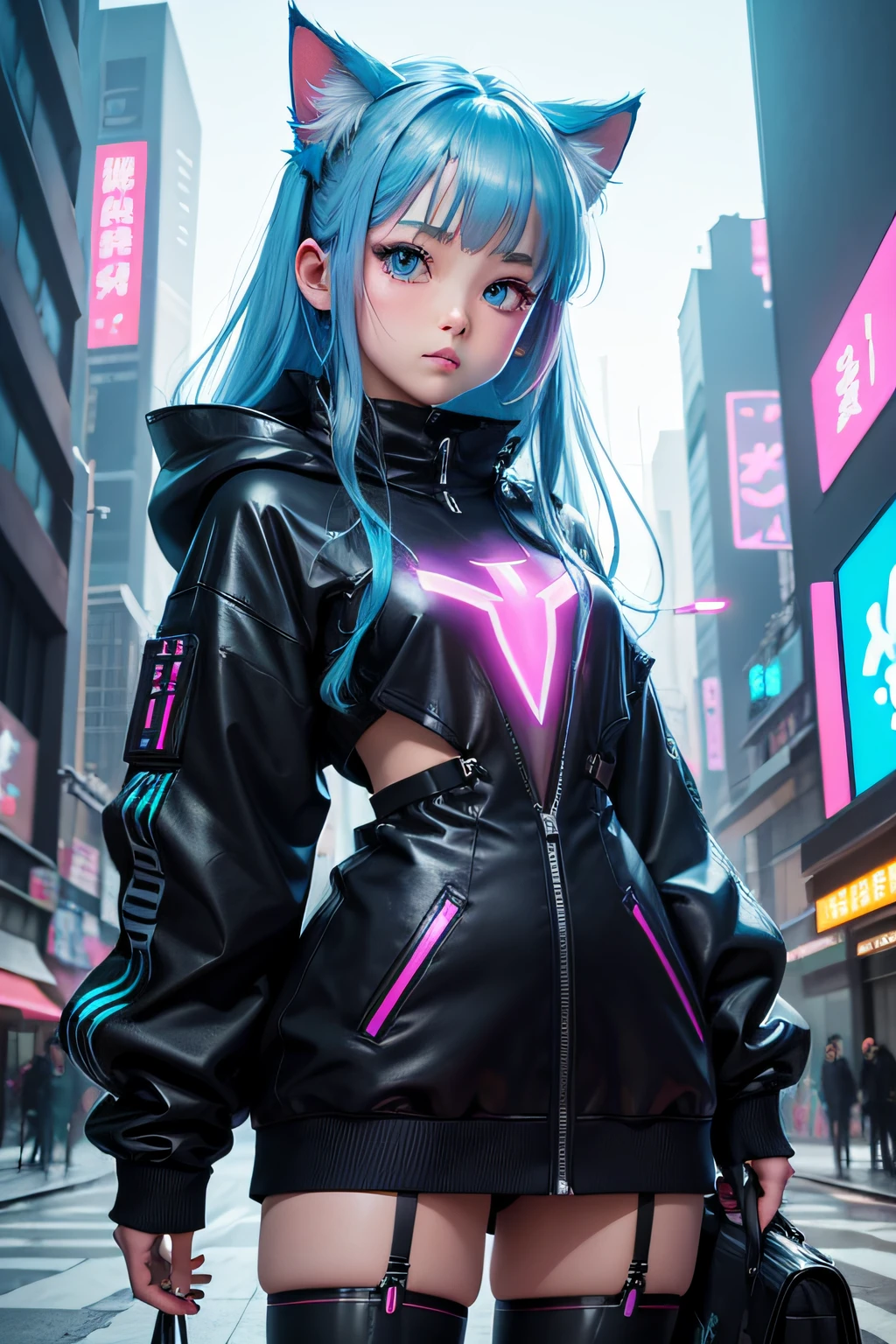Futuristic cat-eared girl character、Draw Aimira。She has neon blue eyes.、Wearing cyberpunk-inspired accessories。Clothing is made of hologram material、It is designed in the image of IT technology.。The expression is curious、Please express a cheerful and energetic appearance。The backdrop is the futuristic city of neon Tokyo、Keep futuristic buildings and digital elements visible。8K、watercolor paiting、