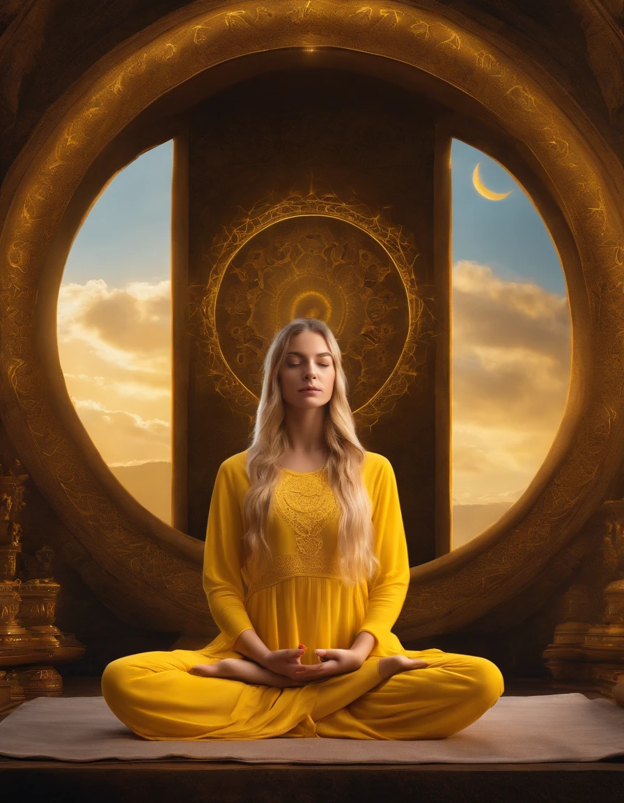 teens girl,Yellow people,Yoga Wear,Sit in front of the halo and meditate, Art germ,, Visual harmony, Mysterious mechanics, Queen's seat