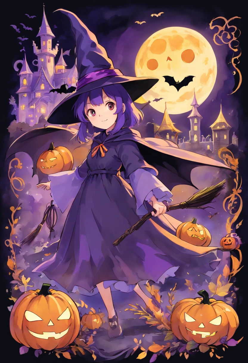 Halloween Elements, watercolor art: Black Bat, Ghost Pumpkin Ghost, Ghost Moon, Ghost Broom, Witch Purple Talking Hat, Spider with yellow and black stripes, Witch's Castle, magic black background, Simple image with special sticker illustration