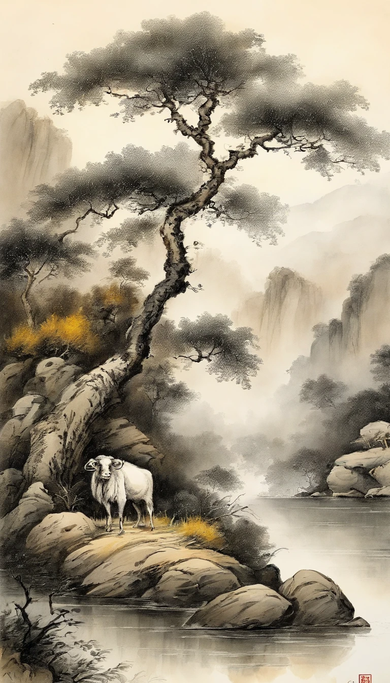 Chinese landscape painting,ink and watercolor painting,water ink,ink,Smudge,Faraway view,Ultra-wide viewing angle,Meticulous,Five cow diagram,Five scalpers,River side,Small Stone Bridge,grassy fields,The tree,The vista is a mountain,(8k wallpaper),(light and shadow effect),rendering by octane,White balance design,Extremely detailed picture depiction,wide angles,depth of fields,tmasterpiece,realisticlying,Beautifully depicted,A detailed,acurate,Works of masters,tmasterpiece