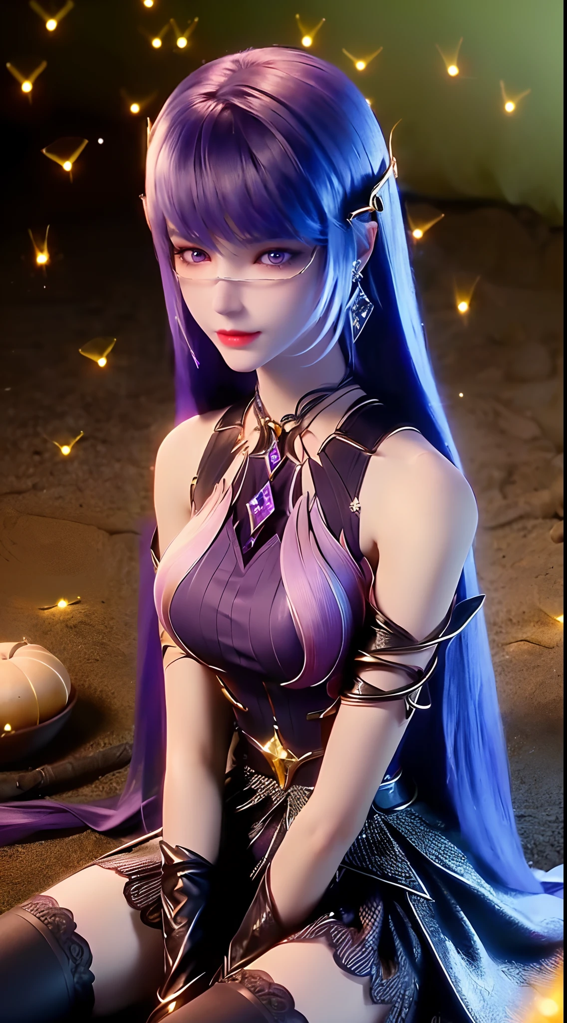 1 beautiful and sexy 20 year old girl, ((wearing a super purlpe dress:1.6)), ((a dress with diamonds:1.7)), ((long purple hair:1.6)), jewelry elaborately made from precious stones and beautiful hair, ((A thin red silk scarf covers half of the face:1.5)), the noble, noble style of an extremely beautiful girl, her small face is super cute, her face is very pretty, thin eyebrows, flawless beautiful face, ((black eye pupils: 0.8)), very beautiful eyes, ((purple eyes: 1.6)), (((big round eyes:1.6))), nice makeup and hair detailed eyelashes, steamy eye makeup, high nose, earrings, red lips, ((closed mouth: 1.5)) beautiful lips, slim hands, most beautiful thighs, ((arms spread out to the sides: 1.5)), rosy face, clean face, flawless beautiful face, smooth white skin, (big breasts: 1.5)), ((high breasts: 1.6)), tight breasts, beautiful cleavage, (((big breasts and super round: 1.8))), ((super tight breasts: 1.7)) , beautiful breasts, perfect body, back arms, chest out, ((thin black mesh stockings with black lace trim:1.5)), ((sitting position with chest up and arms behind: 1.6)), ((open your legs:1.2)), don't be shy, 8k photo, super high quality, super realistic, super 10x pixels, optical, bright studio, bright edges, dual-tone lighting, (high-detail skin:1.2), super 8k, soft lighting, high quality, volumetric lighting, photorealistic, photorealistic high resolution, lighting, best photo, 4k, 8k quality, blur effect, smooth sharp, 10 x pixel, ((Beach at night and fireflies background:1.5)), aurora, lightning, super graphics realistic, most realistic graphics, 1 girl, alone, solo, Extremely sharp image, surreal, (((frontal portrait: 1.5)))."