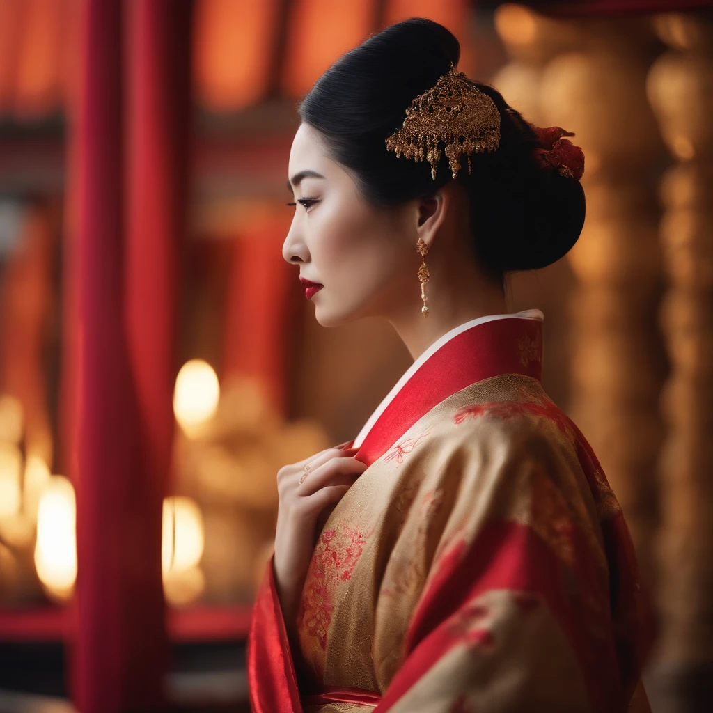 Black haired Japanese Empress with golden eyes wearing a red and gold kimono