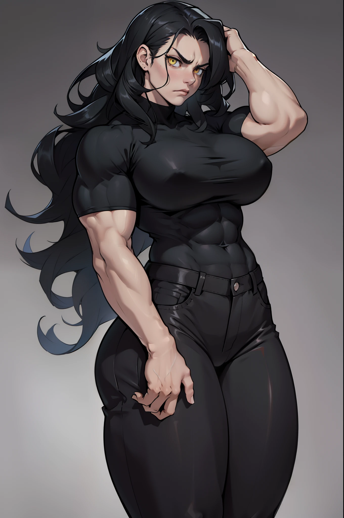 (((((muscular))))) 1 girl (thick thighs) (thin waist) (huge breasts) pale skin black hair (extremely long hair) yellow eyes toned body angry ((grey background)) solo tight shirt tight pants wavy hair dark atmosphere