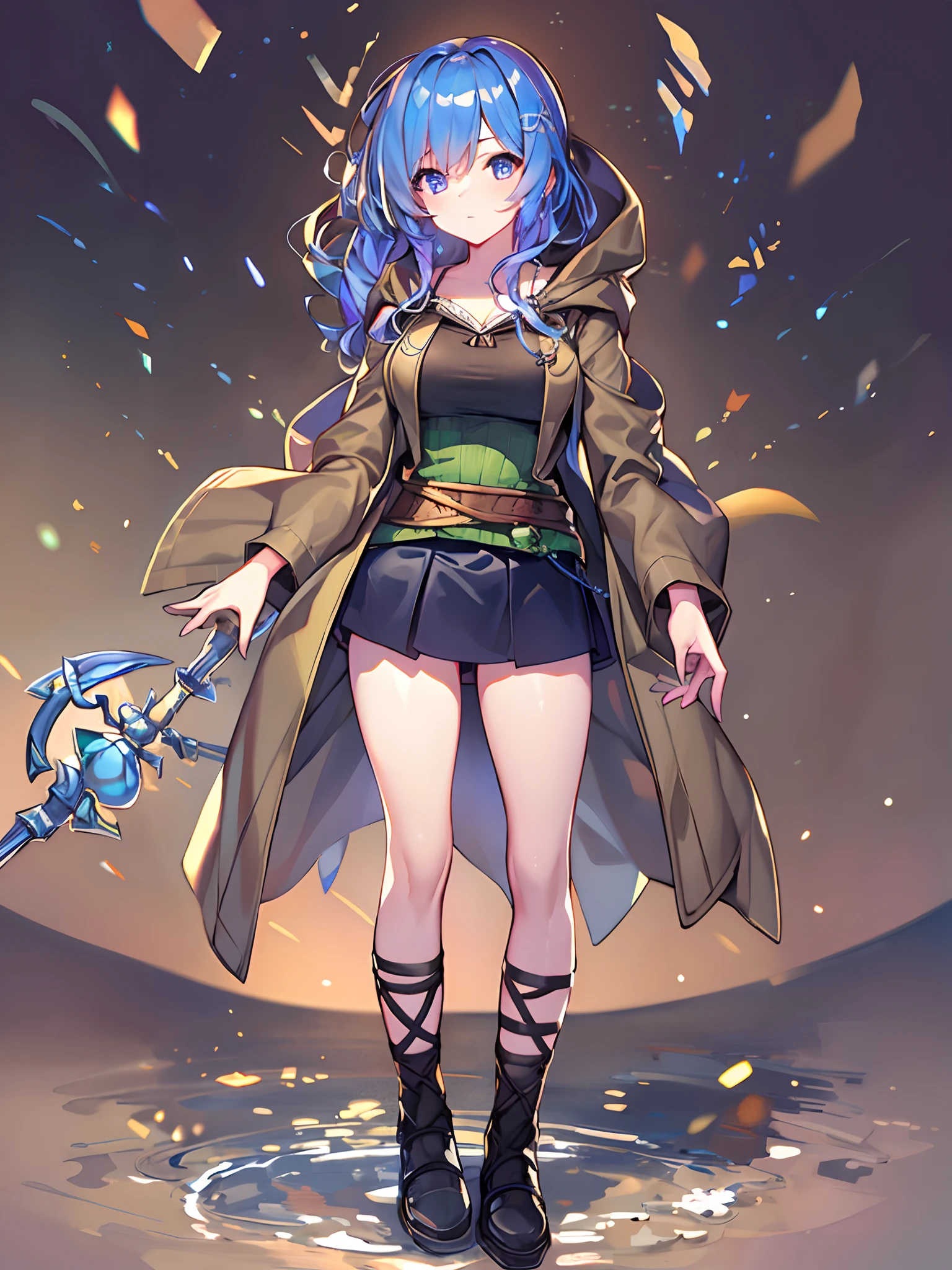 (masterpiece, top quality, best quality),1girl,( full body:1.1), eria ygo, hooded robe, black skirt, hood down, staff, robe, green shirt, holding staff, open robe, ostlouis