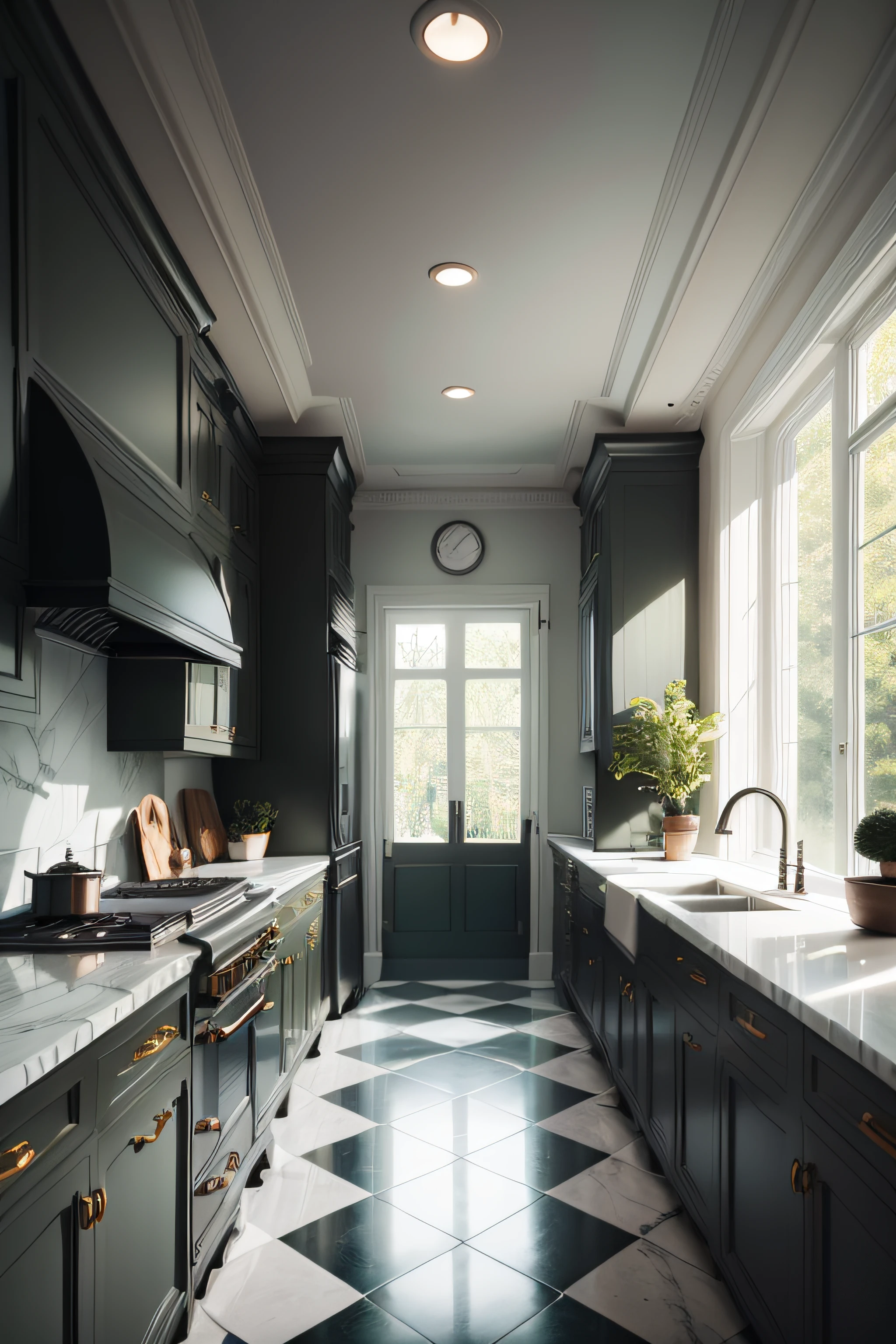 residential interior kitchen, moody muted colors, plants inside, checkered tile floor, grey marble countertops, lots of molding and trim, English modern style, big windows over sink, sunny forest out window, dark muted green