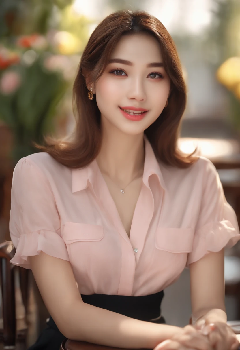 (high quality,4k,8k,highres,masterpiece:1.2),ultra-detailed,(realistic,photorealistic,photo-realistic:1.37), portraits, beautiful detailed eyes, beautiful detailed lips, short hair, uniform, 16 years old girls, girl with long hair in casual dress sitting on a coffee shop, gesture, Mare, professional, vibrant colors, soft lighting, subtle shadows, hair strands, buttoned-up shirt, pleated skirt, light breeze, stunning graceful posture, confident expressions, expressive eyes, curvy eyelashes, subtle blushing, sparkling highlights, sharp details, soft skin, precise shading, luminous atmosphere, dynamic composition, realistic rendering, small rounded eyes, Japanese girl, alluring small rounded eyes glossy pink lips, alluring cute smile, full portrait