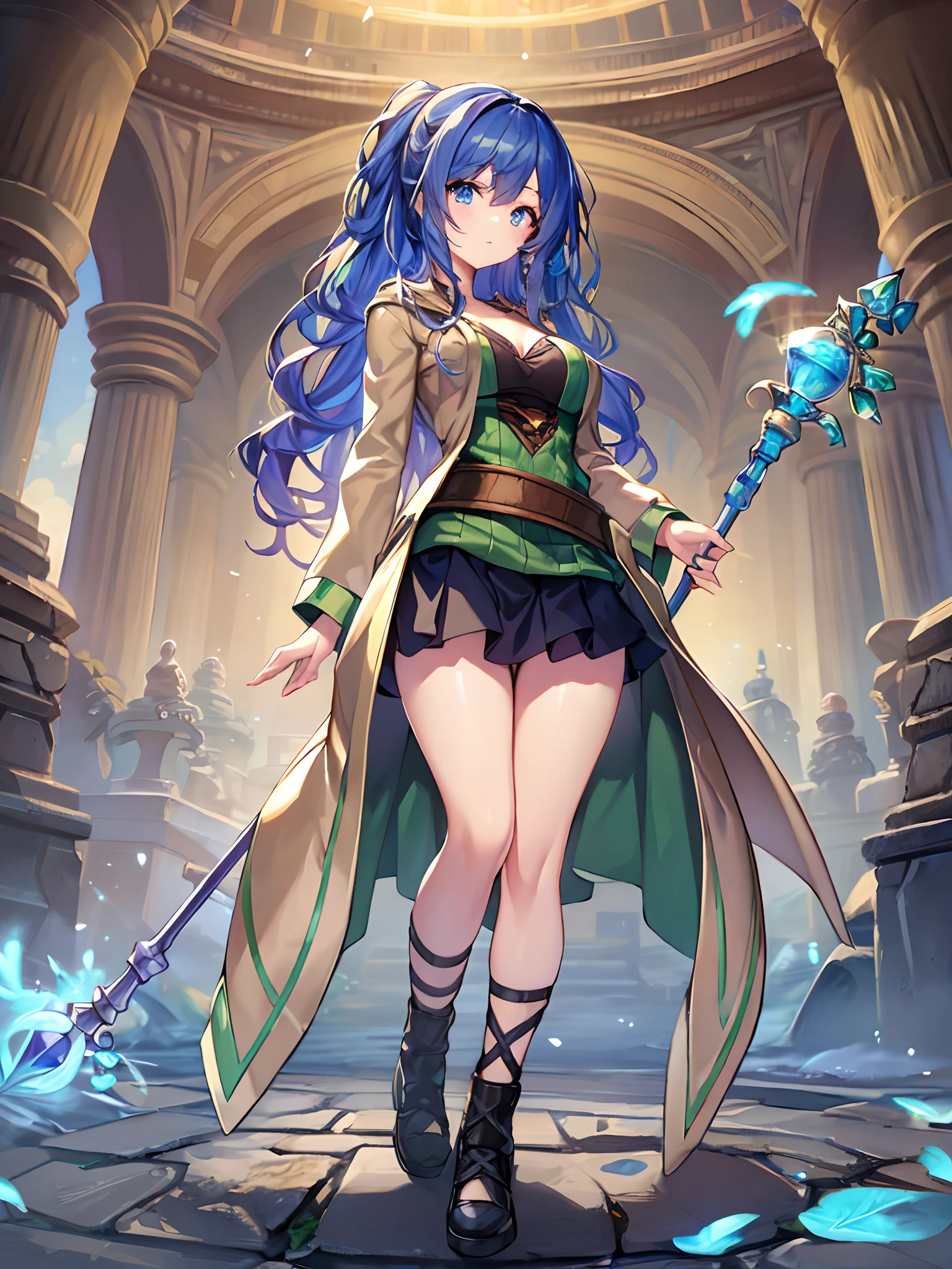 (masterpiece, top quality, best quality),1girl,( full body:1.1), eria ygo, hooded robe, black skirt, hood down, staff, robe, green shirt, holding staff, open robe, ostlouis