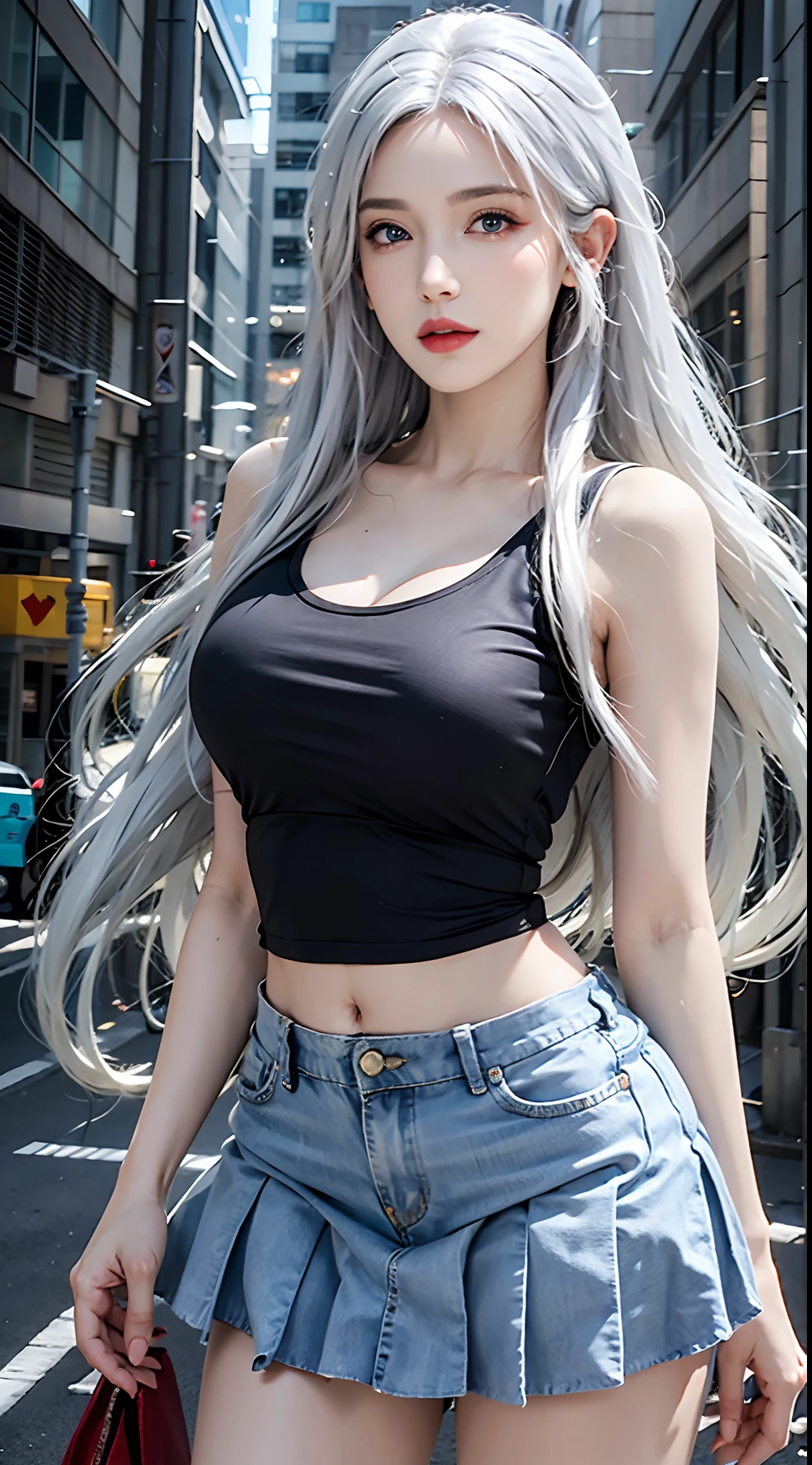 photorealistic, high resolution, soft lights, 1women, solo, hips up, blue eyes, white hair, long hair, blue eyes, red lips, jewelry, street wear, t-shirt, skirt
