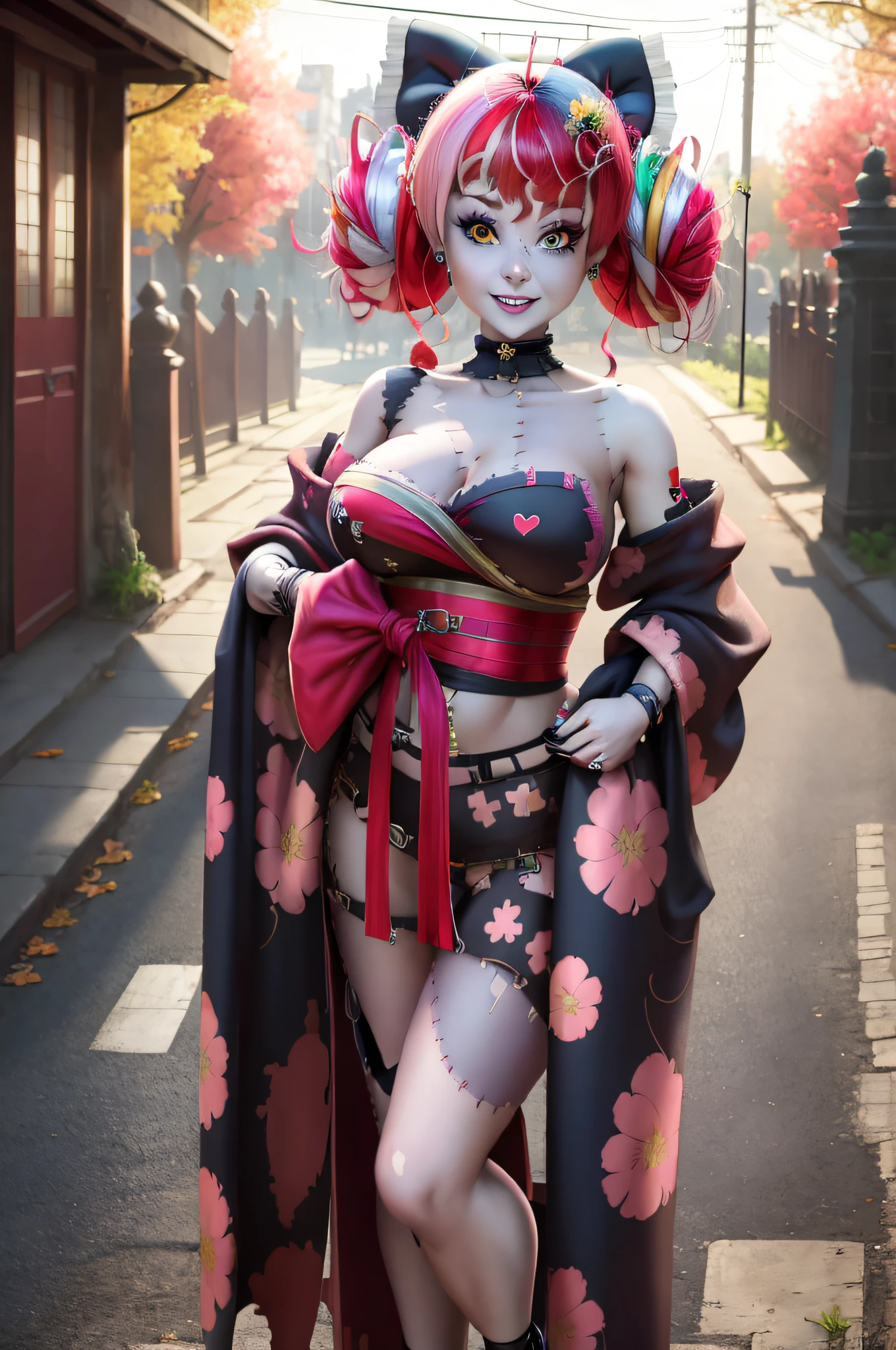 best quality, 4K wallpaper, masterpiece, extremely detailed CG unity 8k wallpaper, extremely detailed eyes, ultra-detailed, 1girl, solo, medium breasts, Ollie, zombie_skin, multicolored hair, multicolored eyes, twintail hair, earrings, style-bridal, outdoors, night, graveyard, looking at viewer, smile, standing, crossed legs, upper body,