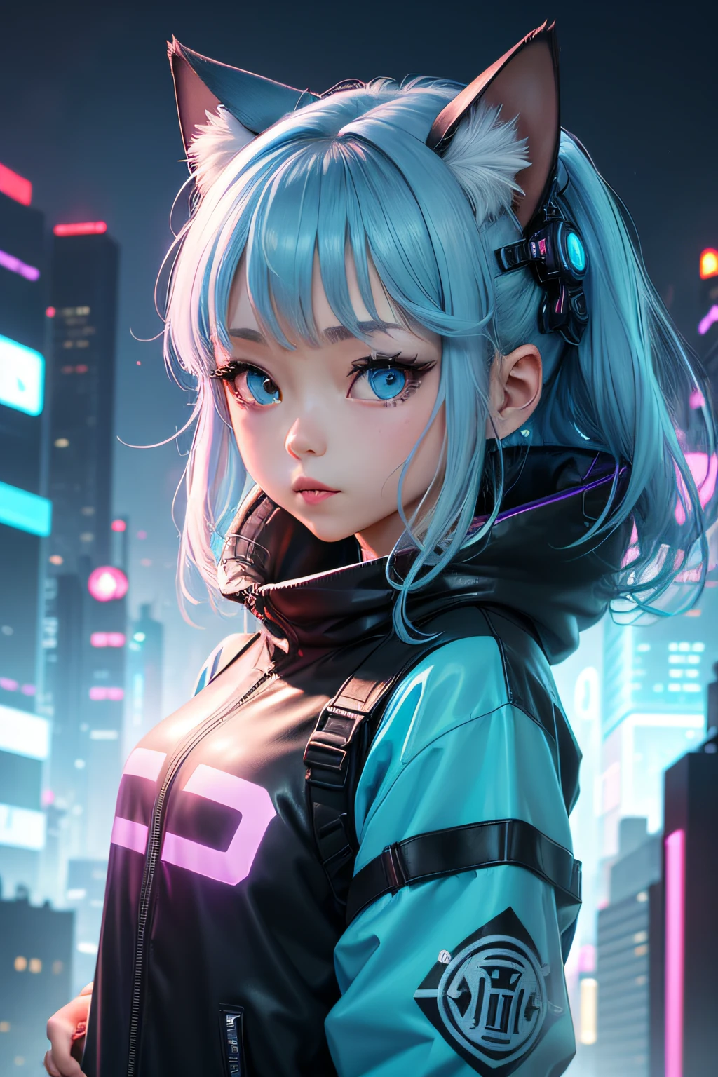 Futuristic cat-eared girl character、Draw Aimira。She has neon blue eyes.、Wearing cyberpunk-inspired accessories。Clothing is made of hologram material、It is designed in the image of IT technology.。The expression is curious、Please express a cheerful and energetic appearance。The backdrop is the futuristic city of neon Tokyo、Keep futuristic buildings and digital elements visible。8K、watercolor paiting、
