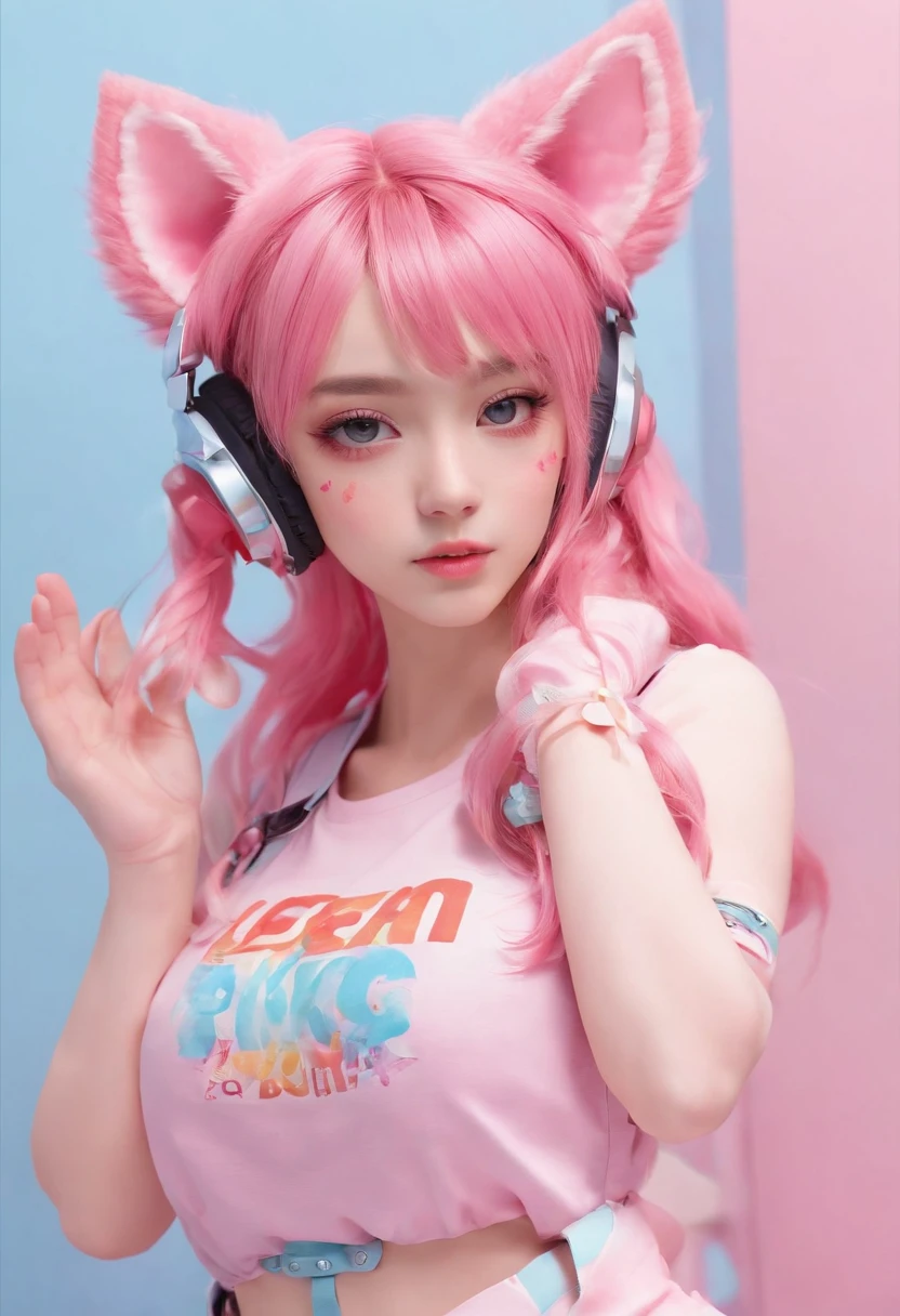Y2K style full-body photo,headphones with cat ears,Wear candy-colored clothes,A close-up of a 17-year-old girl,Pink gradient hair, kawaii decora rainbowcore, decora inspired, and Y2K cute clown core, Beautiful and detailed Delphine, full armour,Wear matching clothing, anime vtuber full body model, complete body image, fully body photo, dollpunk, Live2D virtual Youku main model, candy girl, fully body photo. (Best quality,4K,8K,A high resolution,Masterpiece:1.2), Ultra-detailed, (Realistic, Photorealistic, photo-realistic:1.37), hdr, hyper HD, fully body photo,Studio lighting, Ultra-fine painting, Sharp focus, Physically-based rendering, Extreme detail description, professional, Vivid colors, Bokeh. sportrait, Creative photography, Vibrant colors, soft aesthetic, Fantastical Atmosphere, and soft lighting.fully body photo