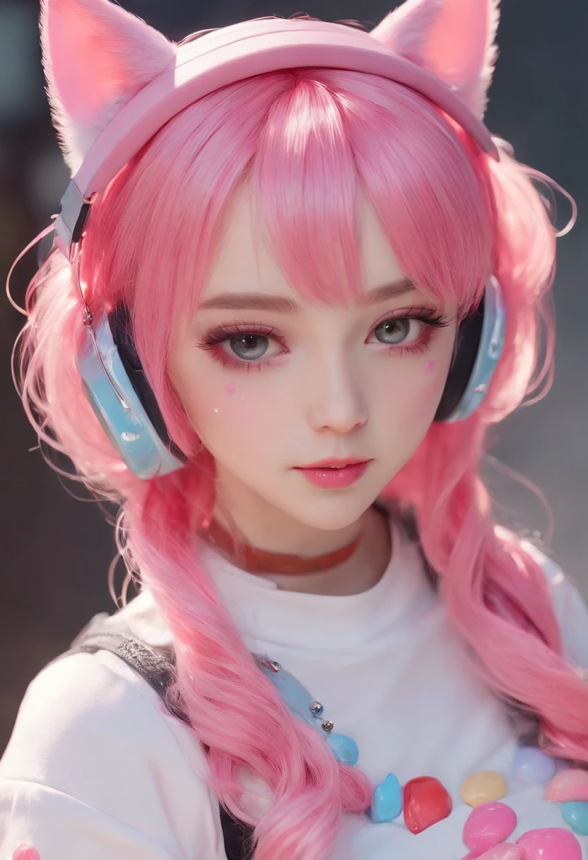 Y2K style full-body photo,headphones with cat ears,Wear candy-colored clothes,A close-up of a -yeld giPink gradient hair, kawaii decora rainbowcore, decora inspired, and Y2K cute clown core, Beautiful and detailed Delphine, full armour,Wear matching clothing, anime vtuber full body model, complete body image, fully body photo, dollpunk, Live2D virtual Youku main model, candy girl, fully body photo. (Best quality,4K,8K,A high resolution,Masterpiece:1.2), Ultra-detailed, (Realistic, Photorealistic, photo-realistic:1.37), hdr, hyper HD, fully body photo,Studio lighting, Ultra-fine painting, Sharp focus, Physically-based rendering, Extreme detail description, professional, Vivid colors, Bokeh. sportrait, Creative photography, Vibrant colors, soft aesthetic, Fantastical Atmosphere, and soft lighting.fully body photo
