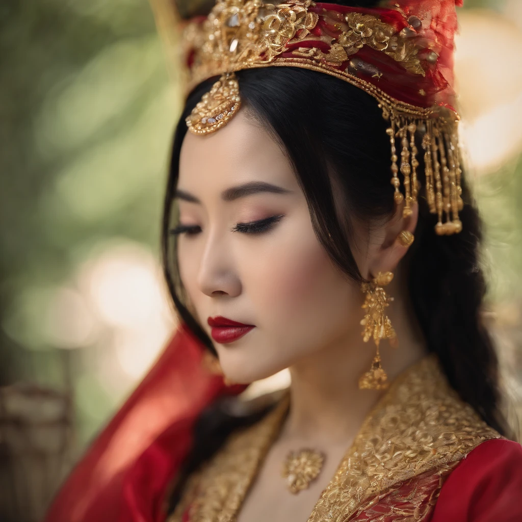 Beautiful young Japanese empress with black hair and golden eyes wearing a red and gold dress with large boobs