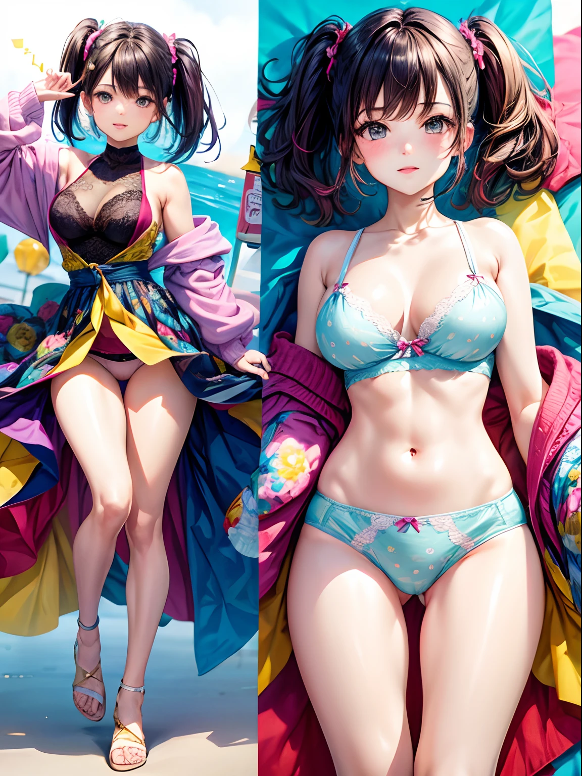 collage Same hairstyle same woman Underwear pattern colorful full body