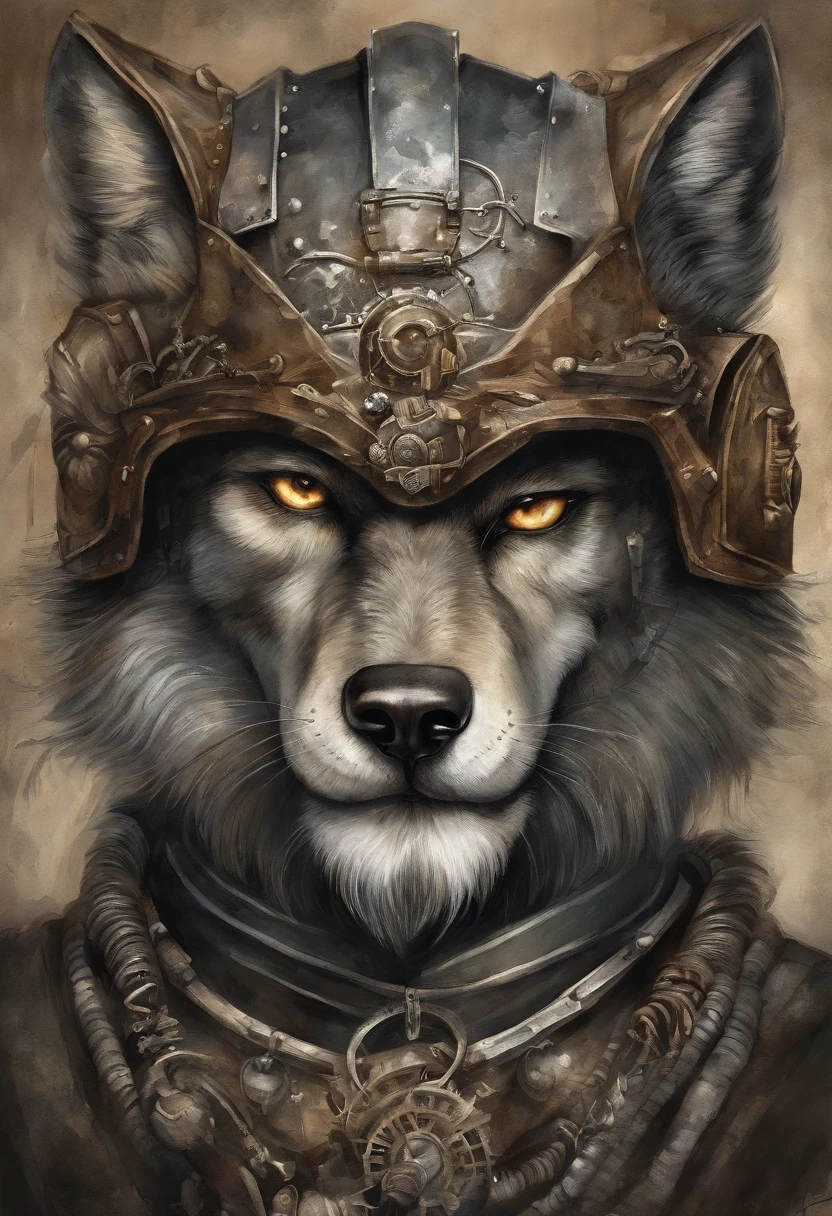 HighestQuali, Dramatic lighting, menacing posture, Fierce expression, Epic atmosphere, (((Wolf head shaped helmet))), (((Full body shot))),Wolves made of metal, Cyborg, Cyberpunk Style, Clockwork, ((Intricate details)), hdr, ((Intricate details, ultra - detailed)), Incandescent Lamps, cinema shot, Vignette, Bokeh effect Baker ground, (canid), (Full body shot).
