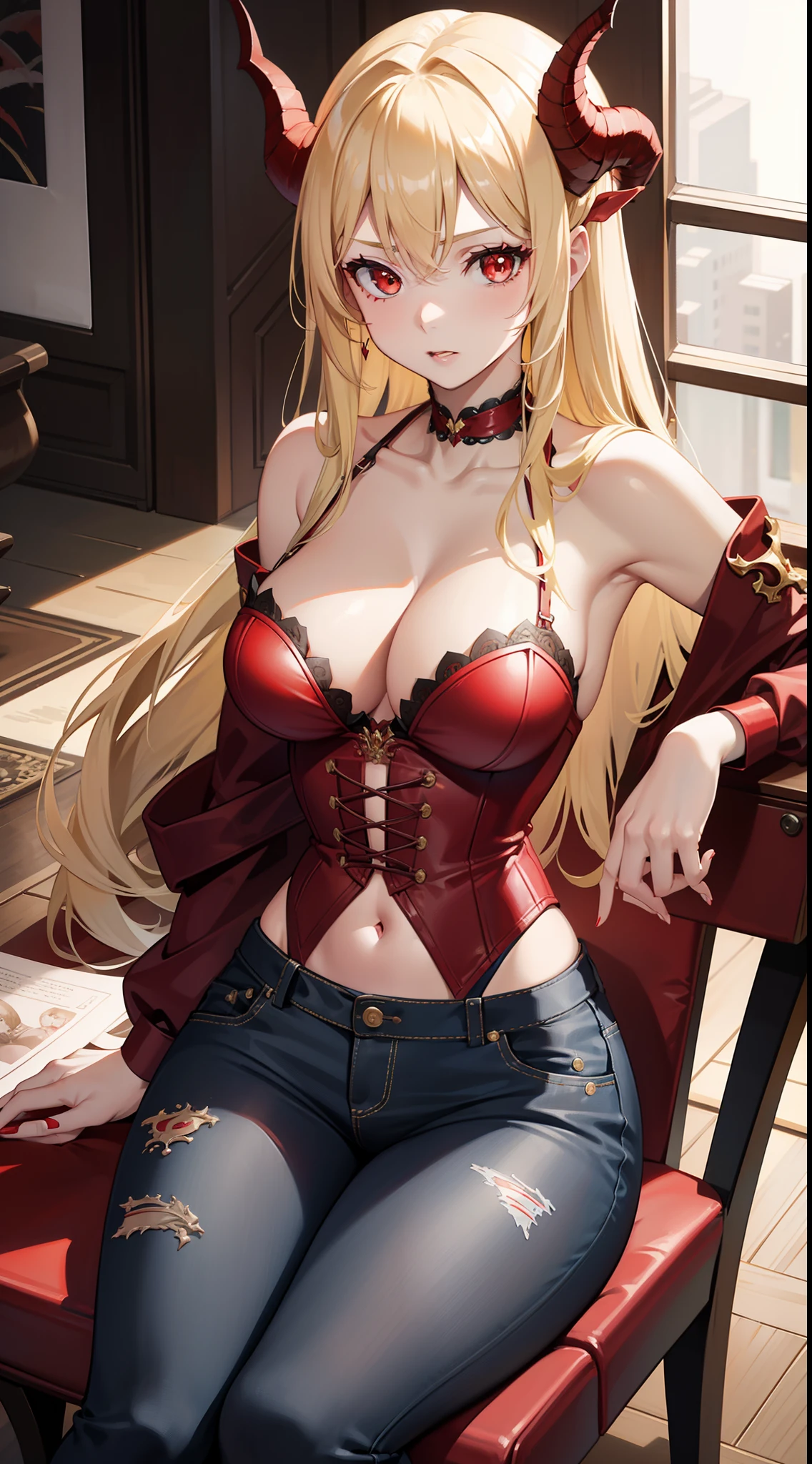 adult girl, longue blonde hair, red eyes, Red Dragon Horns, tattoo, red tight corset, open breasts, Deep wide neckline, open shoulders, Visible navel, Jeans, sitting in chair, Masterpiece, hiquality, 4k, HD, Good detail