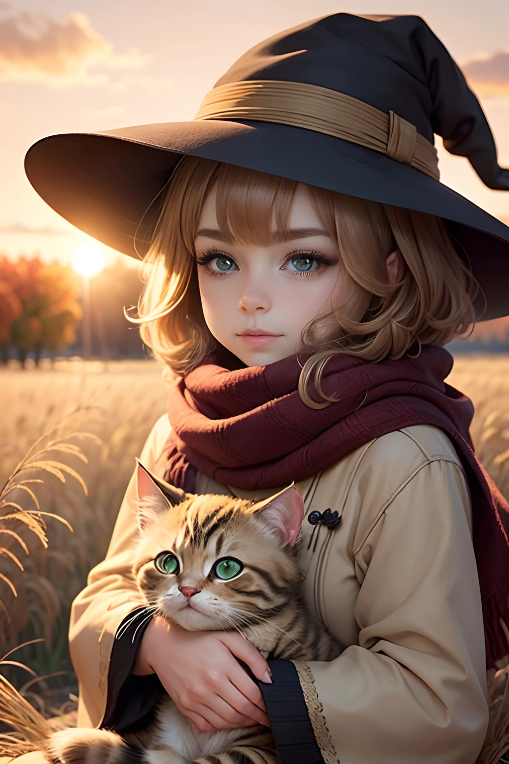 a cute floofy animal kitten with a bordeaux woolen scarf sitting in an autumn hayfield at sunset, green eyes, cat, tabby kitten, soft, dreamy, cute,  witch