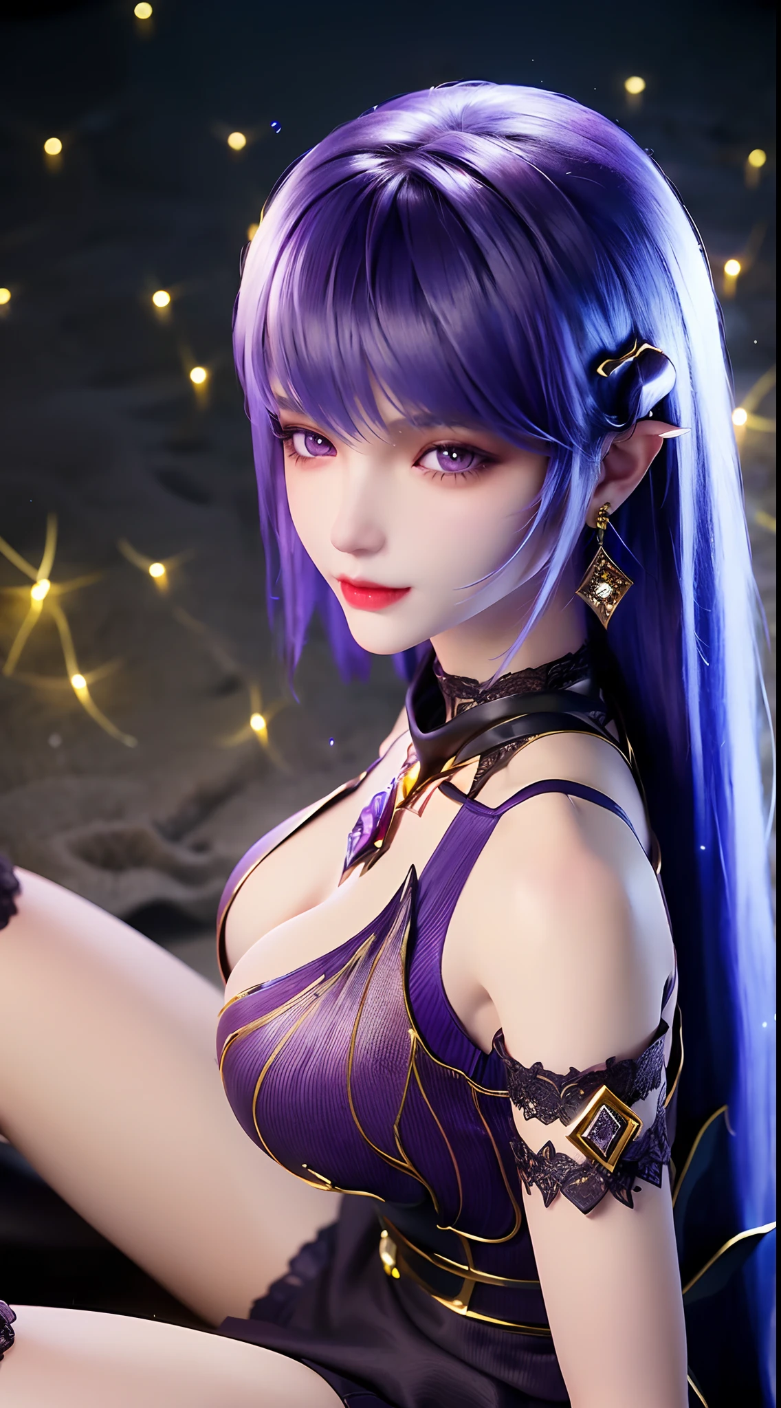 1 beautiful and sexy 20 year old girl, ((wearing a super purlpe dress:1.6)), ((a dress with diamonds:1.7)), ((long purple hair:1.6)), jewelry elaborately made from precious stones and beautiful hair, ((A thin red silk scarf covers half of the face:1.5)), don't cover your face, the noble, noble style of an extremely beautiful girl, her small face is super cute, her face is very pretty, thin eyebrows, flawless beautiful face, ((black eye pupils: 0.8)), very beautiful eyes, ((purple eyes: 1.6)), (((big round eyes:1.6))), nice makeup and hair detailed eyelashes, steamy eye makeup, high nose, earrings, red lips, ((closed mouth: 1.5)) beautiful lips, slim hands, most beautiful thighs, ((arms spread out to the sides: 1.5)), rosy face, clean face, flawless beautiful face, smooth white skin, (big breasts: 1.5)), ((high breasts: 1.6)), tight breasts, beautiful cleavage, (((big breasts and super round: 1.8))), ((super tight breasts: 1.7)) , beautiful breasts, perfect body, back arms, chest out, ((thin black mesh stockings with black lace trim:1.5)), ((sitting position with chest up and arms behind: 1.6)), ((open your legs:1.2)), don't be shy, 8k photo, super high quality, super realistic, super 10x pixels, optical, bright studio, bright edges, dual-tone lighting, (high-detail skin:1.2), super 8k, soft lighting, high quality, volumetric lighting, photorealistic, photorealistic high resolution, lighting, best photo, 4k, 8k quality, blur effect, smooth sharp, 10 x pixel, ((Beach at night and fireflies background:1.5)), aurora, lightning, super graphics realistic, most realistic graphics, 1 girl, alone, solo, Extremely sharp image, surreal, (((frontal portrait: 1.5)))."