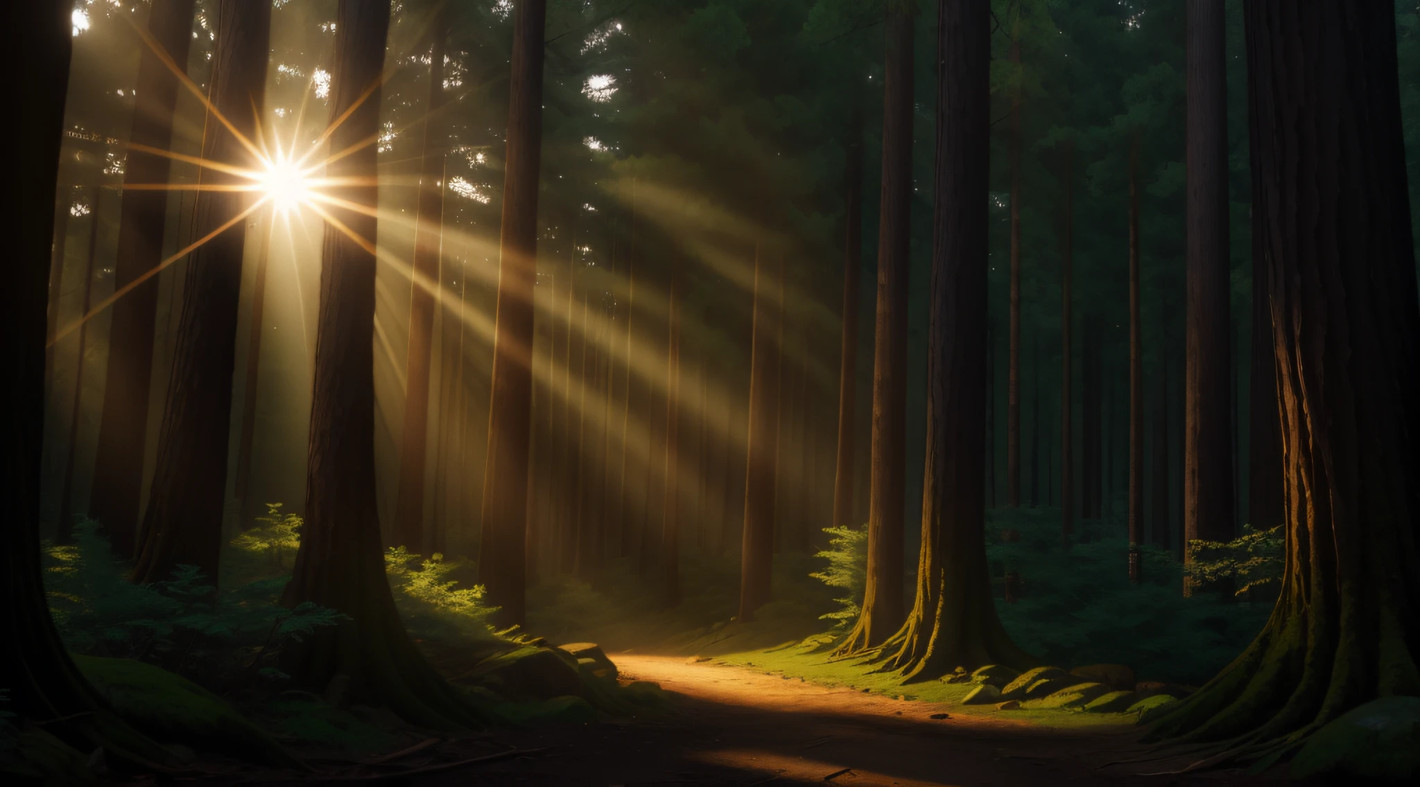 A dense, mysterious forest with sunlight streaming through the trees.