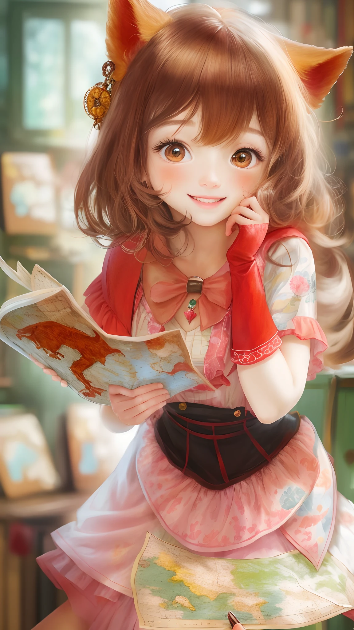 A girl, straight brown hair, red animal ear dress, chest, holding map, happy, The Discovery of the Enchanted Map, happy, perfect quality, clear focus (clutter - house: 0.8), (masterpiece: 1.2) (Realistic: 1.2) (Bokeh) (Best quality) (Detailed Skin: 1.3) (Intricate Details) (8K) (Detail Eyes) (Sharp Focus), (Happy)