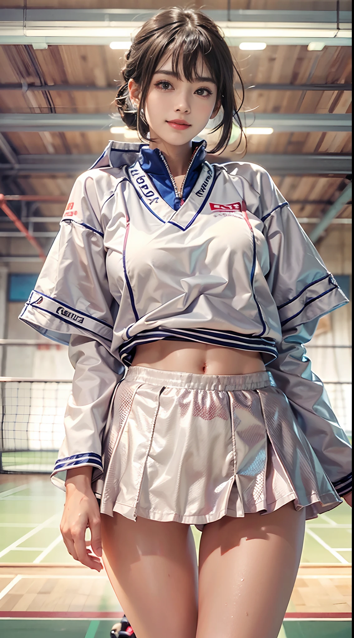 (NSFW), 1womanl, Solo, 24 year old, 7headed body, (cute face), (Ideal ratio body proportions), ((Cowboy Shot)), Badminton court, Wearing a badminton uniform, erectile nipple, Navel Ejection, Cameltoe, Sexy body, Wet, Smiling smile, short-hair, Dark hair, small tits, A slender, Small buttocks, beauty legs, Skinny Legs, surrealism, Cinematic lighting, depth of fields, One-person viewpoint, F/1.8, 135 mm, nffsw, masutepiece, ccurate, ((Anatomically correct)), Textured skin, Super Detail, high details, High quality, awardwinning, Best Quality, hight resolution, 8K