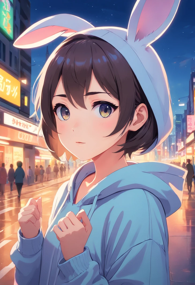 highres, ultra detailed, masterpiece,,((kawaii girl)),(detailed cute face):1.2,flat color,oversize hoodie and kigurumi black bear,looking at viewer,((full body)),(masterpiece, best quality:1.3),beautiful detailed glow,best illuminate,(((best quality,textile shading,ultra detailed))),extremely detailed CG unity 8k wallpaper,Highly Detailed beautiful and aesthetic,best light,high resolution,detailed,dynamic lighting,super detailed skin,intricate details, hyper detail, sharp detail,bunny