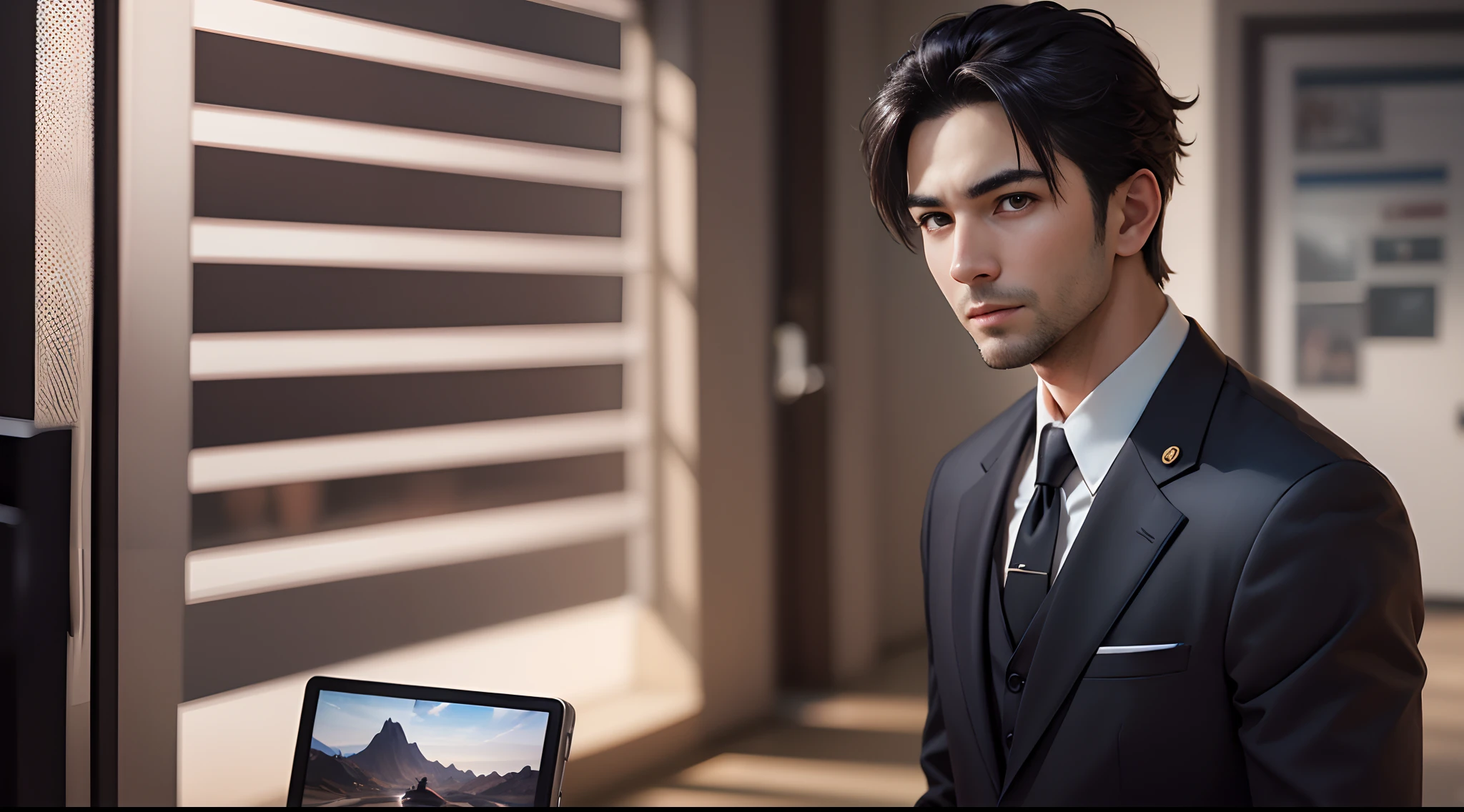 One picture, quadratic element, A 35-year-old man,driver , In black suit, Overbearing, image size 1280×720, Show off your upper body and facial expressions, Height 175cm, The background is clean, The person is fully displayed in the picture, This is a quarter of the proportion of the picture, 1/4 Background, torogao, excited, Cinematic lighting, Anime style, god light, Masterpiece