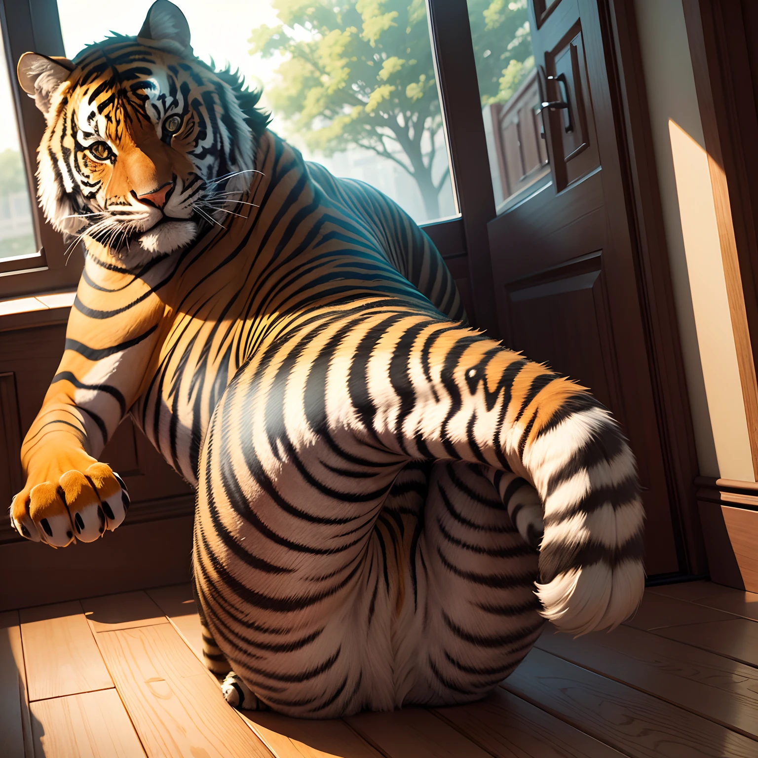 Feral tiger showing ass seductive,balls , thick legs,rear view,big butt, paws on wall,streching on wall, curvid body,close-up,solo,(feral,art by inno-sjoa, inno-sjoa style), beautifull detailed eyes, explicit art