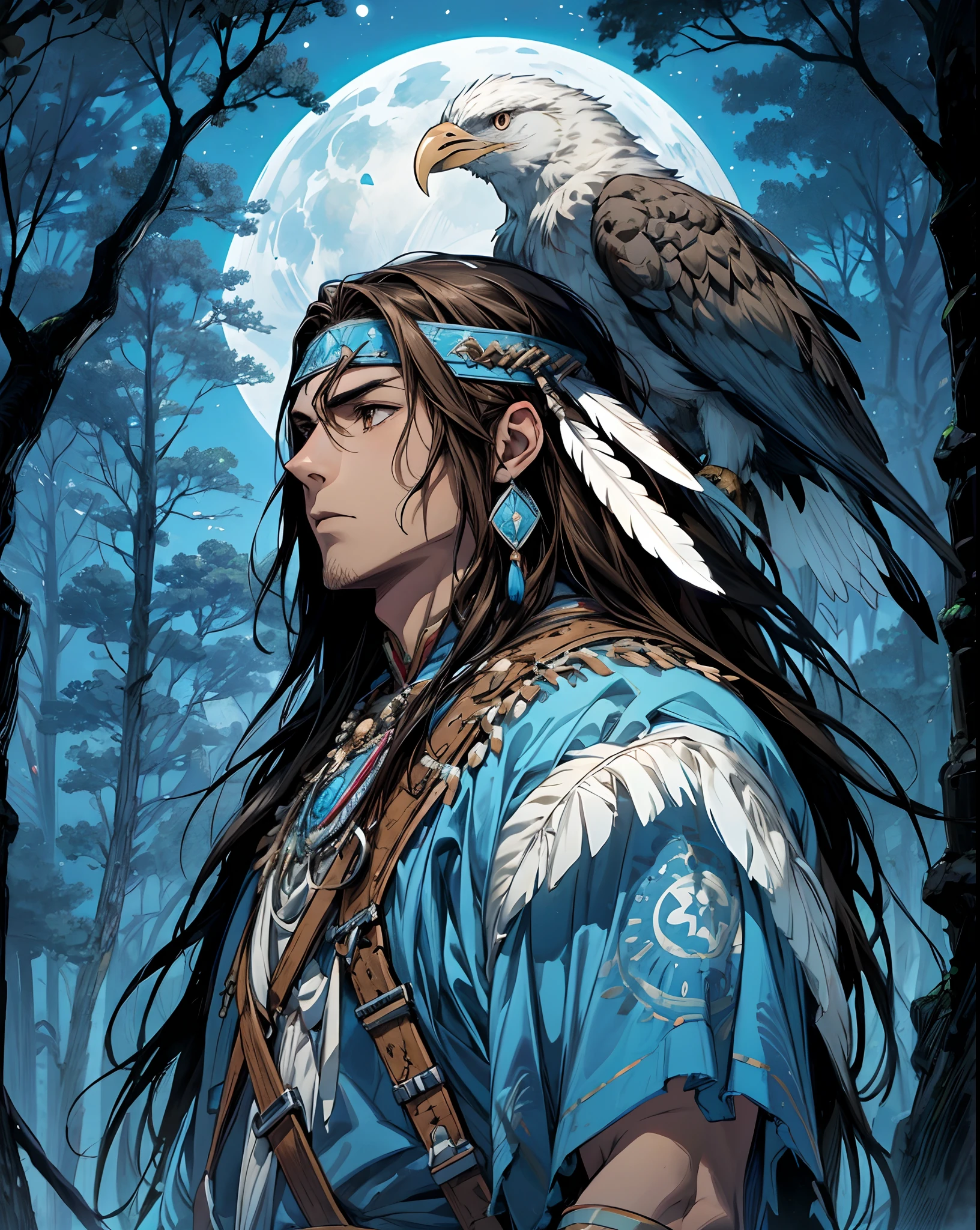 **typemoon style, It's magnificent, ((light brown skin)) male, primal warrior, native american armor, pale skin, Hair wavy and long, empty expression. In the background, there is a gigantic primal bird in the field