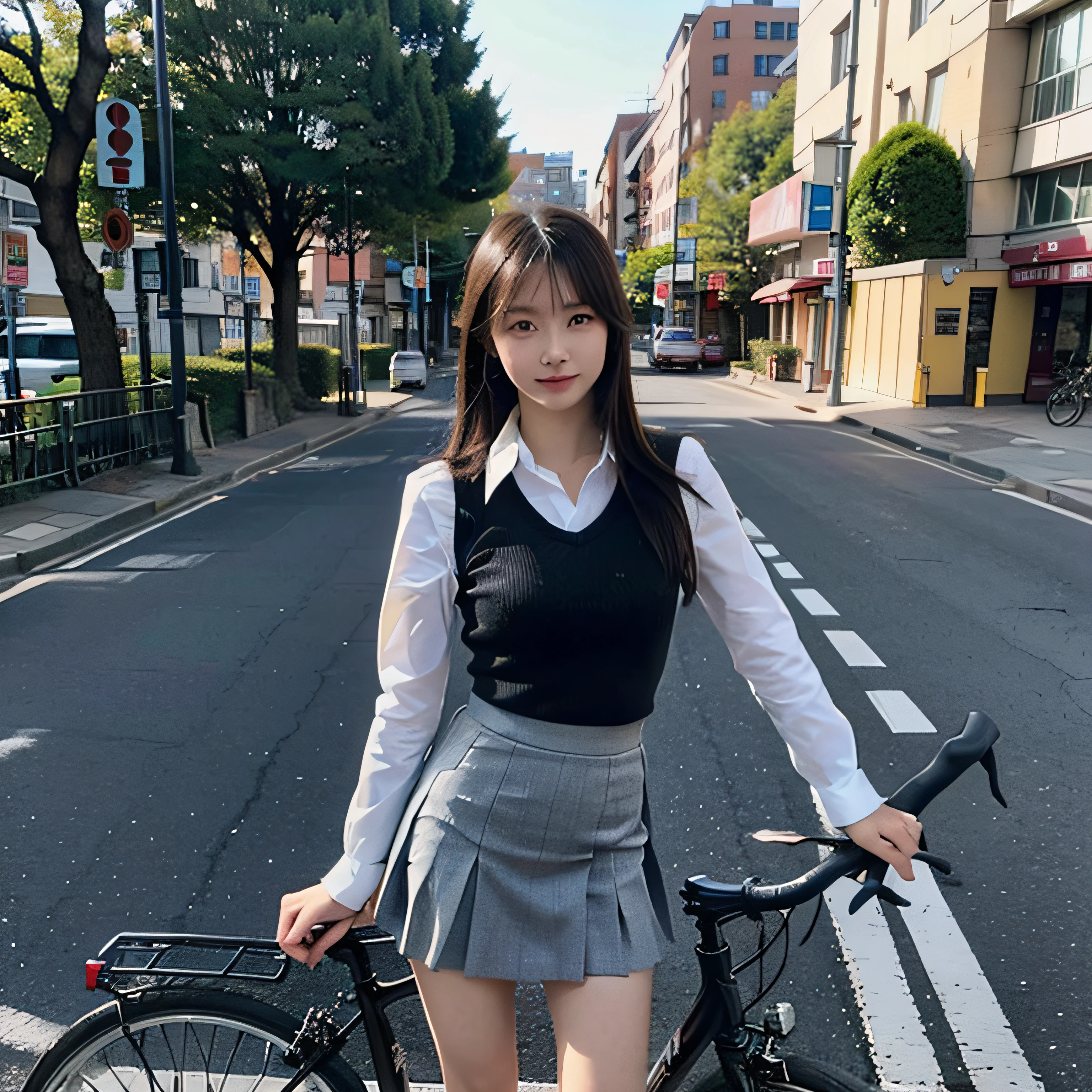 top-quality、8k picture、1 Japan girl、Beautiful facial features、A detailed eye、Detailed pupils、slenderbody、student clothes、a miniskirt、Straddling a bike、Urban roads、Shooting from front