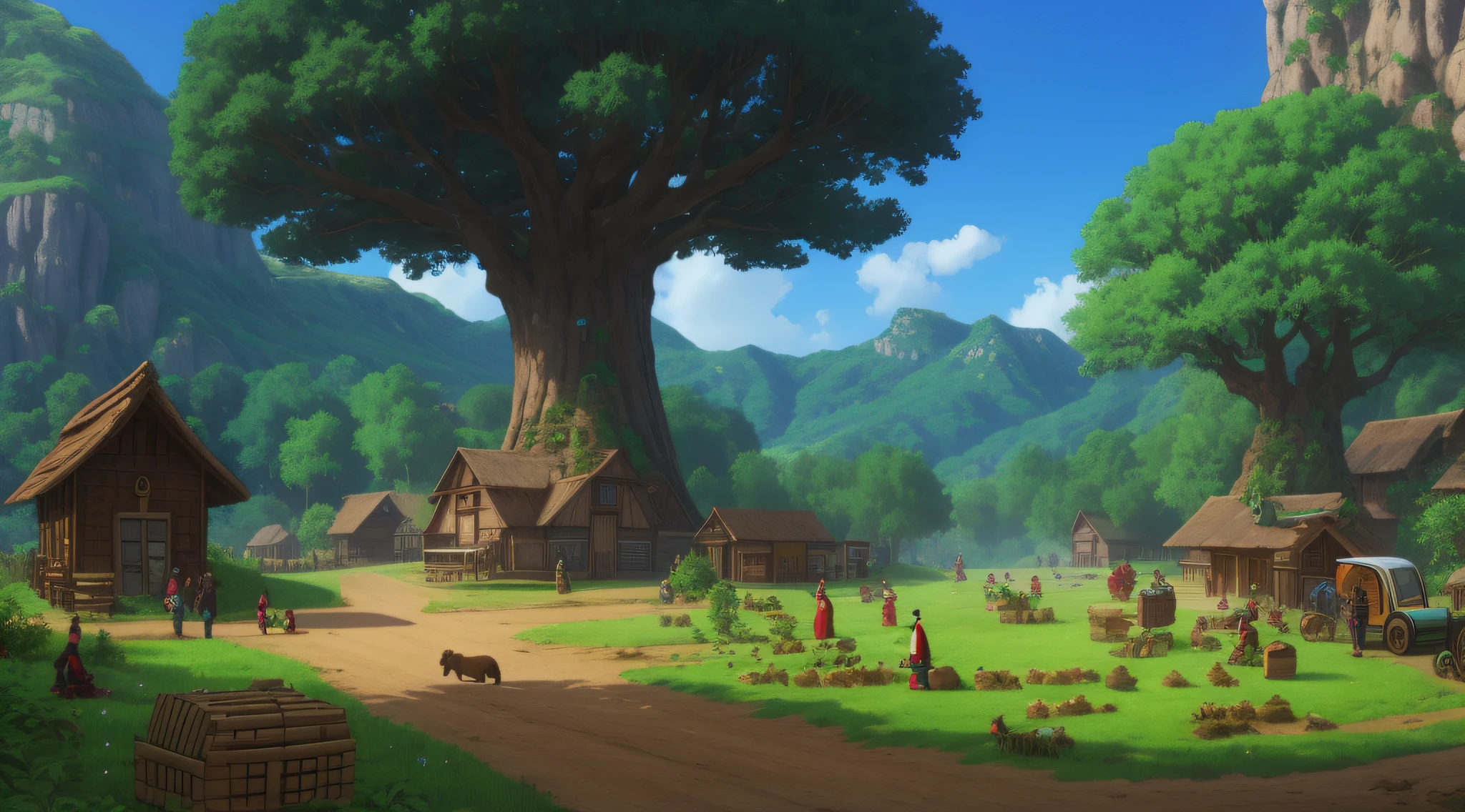 Villagers going about their daily tasks, farming, and gathering around the Magical Tree.
