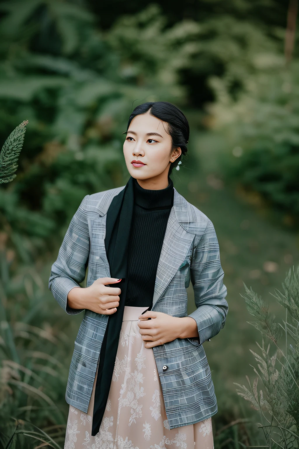 there is a woman standing in a field with a black scarf, wearing a turtleneck and jacket, shot on canon eos r 5, shot on canon eos r5, wearing elegant casual clothes, wearing an elegant outfit, sophisticated young woman, girl in suit, elegant girl in urban outfit, captured on canon eos r 6, modern casual clothing, casual modern clothing