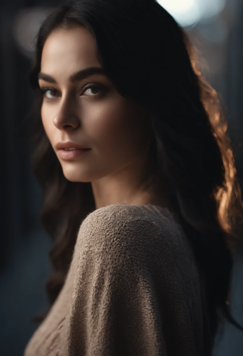 ((focus)), (detail), 4k, gorgeous face, black hair, long hair, ultra high res,masterpiece,best quality, very detailde face,detailed eyes,extremely intricate,perfect glossy shiny skins,perfect lighting,detailed lighting,dramatic shadows,ray tracing, 1girl,upper body,black sweater,looking at viewer