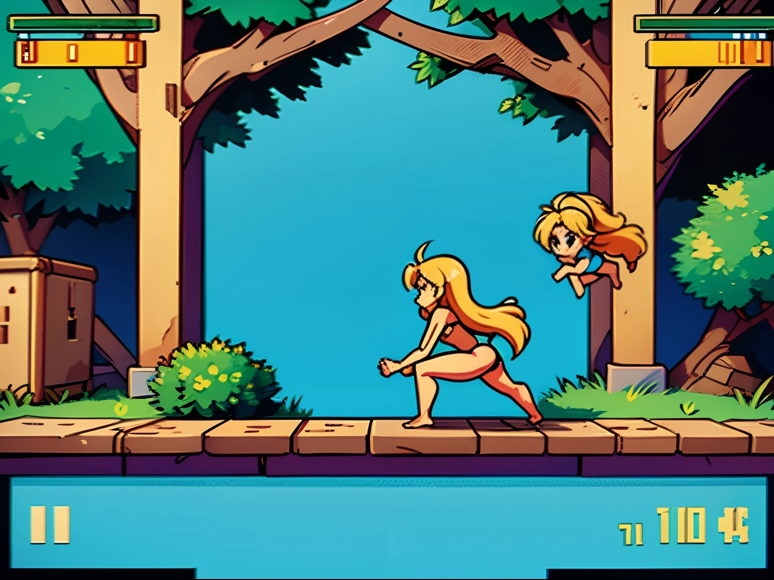 medium long shot of a 2D pixel style video game with a scantily clad blonde female amazon in skimpy clothes on a platform, she is wearing a primitive strapless jungle leotard thong, she has long wavy blonde hair, she has bare feet, beautiful feet, lo-fi retro videogame, videogame still, 2D digital video game art, 1988 video game screenshot, video game still, 8bits videogame, video game texture, video game screenshot, videogame style, screenshot from the game, 2D platformer, 2D game, 2D sidescrooling platformer, jungle platformer, castle platformer,