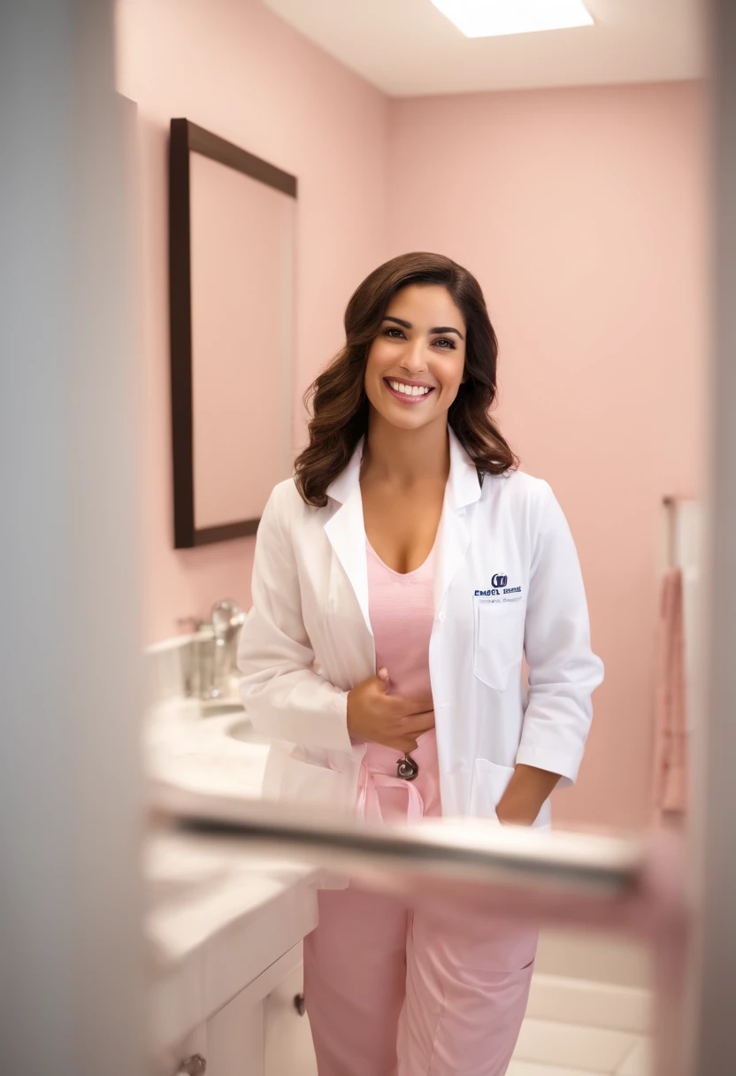 Jeune Latina hispanic((ultra realist:1.2)), Smile a lot in navy blue lab coats and pale pink pants, in the bathroom extremely bright, (clouse-up), visage fermer, DSLR, 100 mm