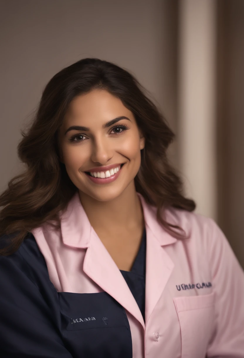 Jeune Latina hispanic((ultra realist:1.2)), Smile a lot in navy blue lab coats and pale pink pants, in the bathroom extremely bright, (clouse-up), visage fermer, DSLR, 100 mm