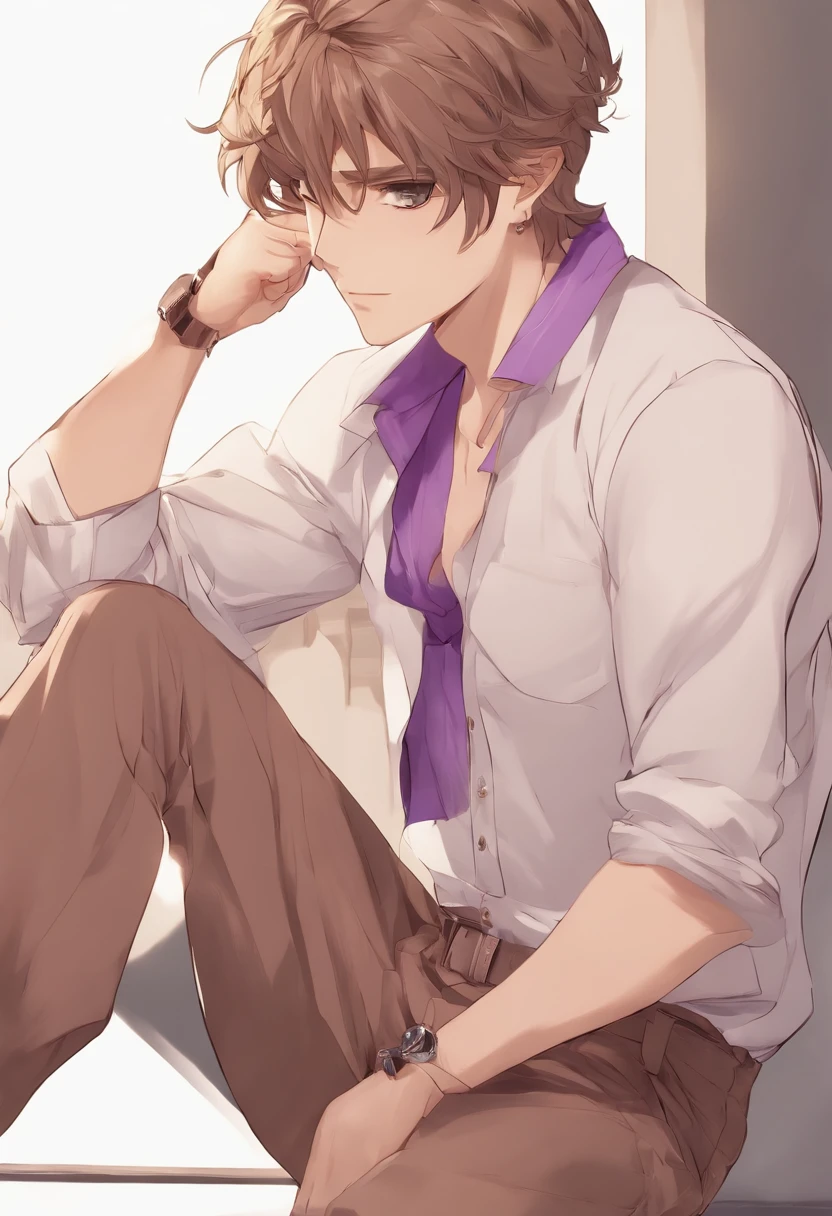 anime character in purple shirt and brown pants holding, 2 d anime style, hajime yatate, handsome anime pose, male anime character, full body portrait of a short!, official art, young anime man, trigger anime artstyle, with index finger, anime style character, shigenori soejima illustration, thin young male alchemist, full frontal profile picture