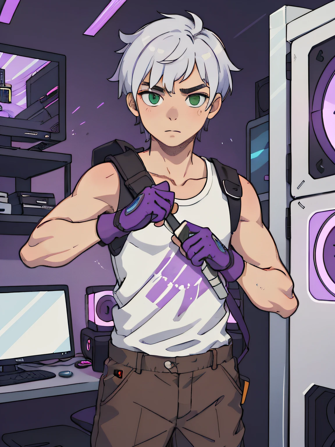 1boy, short white hair, green eyes, purple translucid gloves, clean purple sleeveless t-shirt, brown pants, gamer room, absurdres, high res, ultrasharp, 8K, masterpiece, looking at viewer, full budy