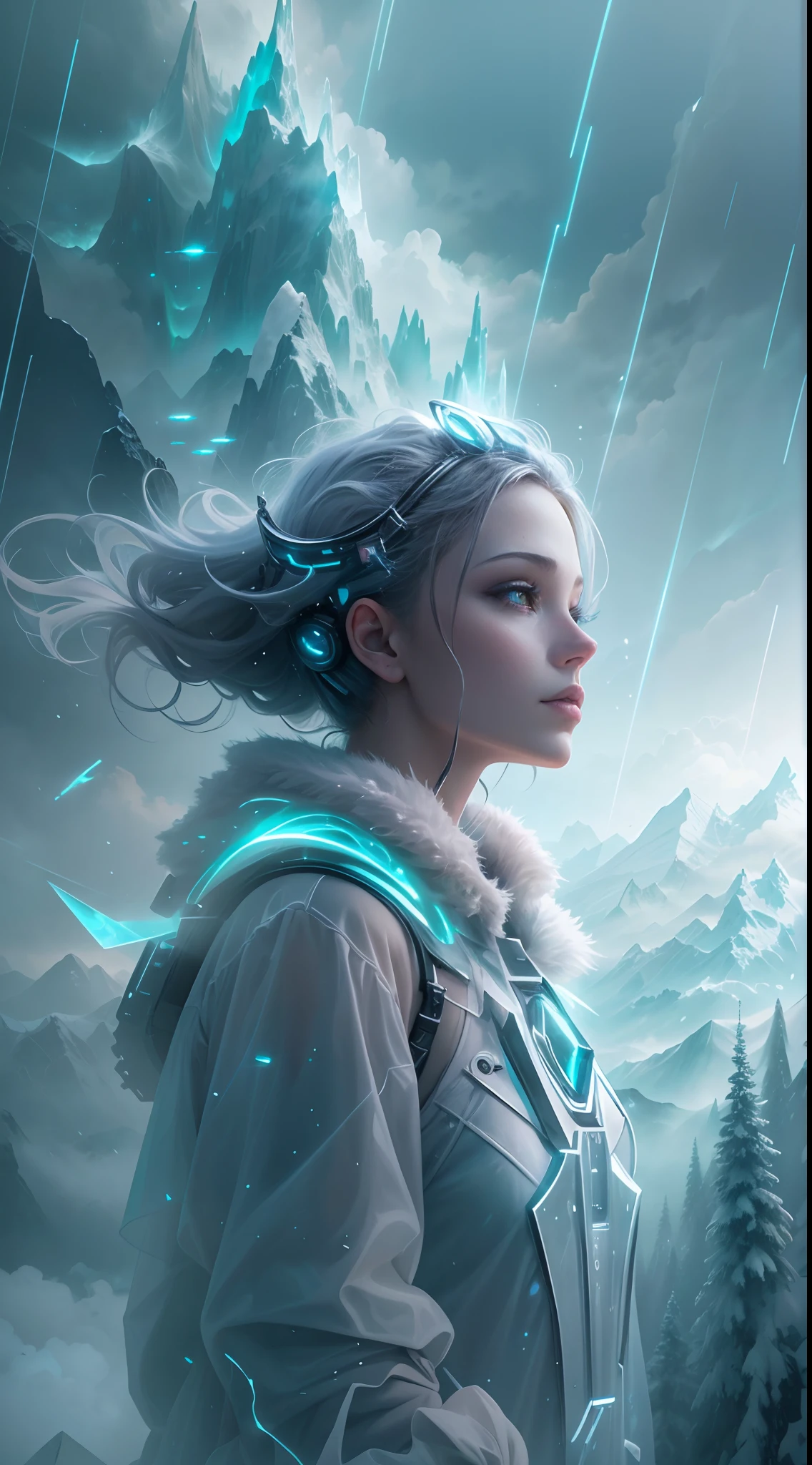 Estilo modelshoot, (fondo de pantalla CG 8k extremadamente detallado),Perssonage Cyber Punk [Snowy mountain landscape with fog：Transparent ethereal girl，snow mountains：0.33] Immerse yourself in the beautiful aurora，Vive en las nubes del cielo estrellado，Behind the clouds，（Doubleexposure：1.3），La cara se funde con la aurora，Superposition of snowy mountains，Varios elementos mezclan la imagen，Fotografia of：Brandon Woelfelmist，Surreal dreams，Gray atmosphere，Rainy day，Dyna，lut，HDR，Surrealist fantasy art，Epic Digital Fantasy Art Style，beautiful sci fi art, sci-fi digital art illustration,sci fi digital painting, Pintura digital futurista, Arte conceptual futurista, In front of the snowy sci-fi mountain landscape, Sci-Be Digital Art, Fantastic transparent ethereal girl