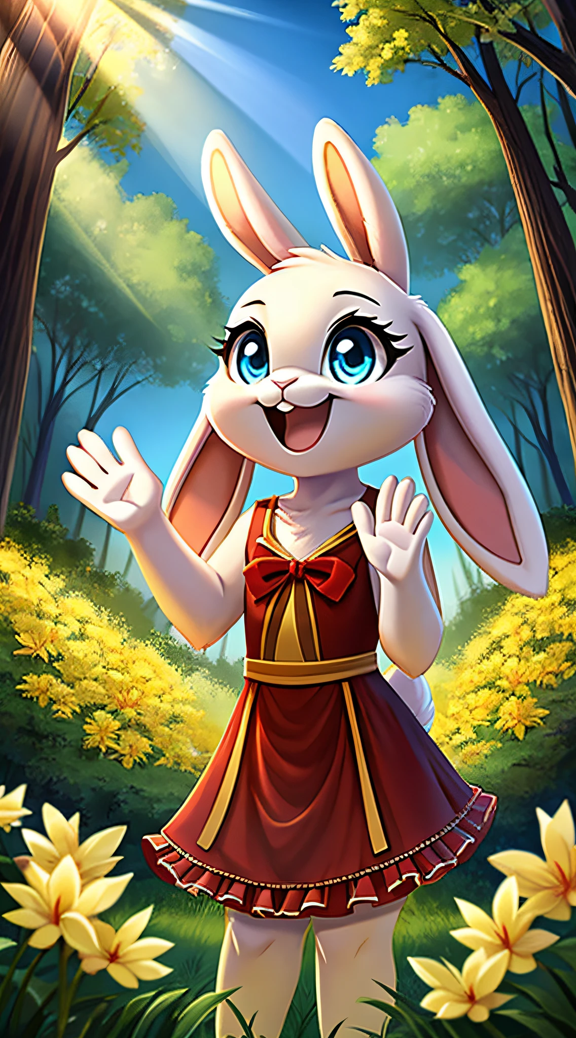 zoomed out image, fantasy style art, cute, adorable, short character, small, tiny little fluffy female white bunny with blue eyes, 4 ears, 2 extra ears, big floppy ears, long ears, ears perked up, raised ears, long eyelashes, poofy rabbit tail, wearing a red frilly ribbon dress, smiling, standing in a forest, big expressive smile, waving hello, one hand raised, one hand down, excited pose, happy to see you, open mouth, wide eyes, excited eyes, excited face, stunning visuals, sunlight coming through the trees, yellow flowers scattered in the bushes, digital illustration