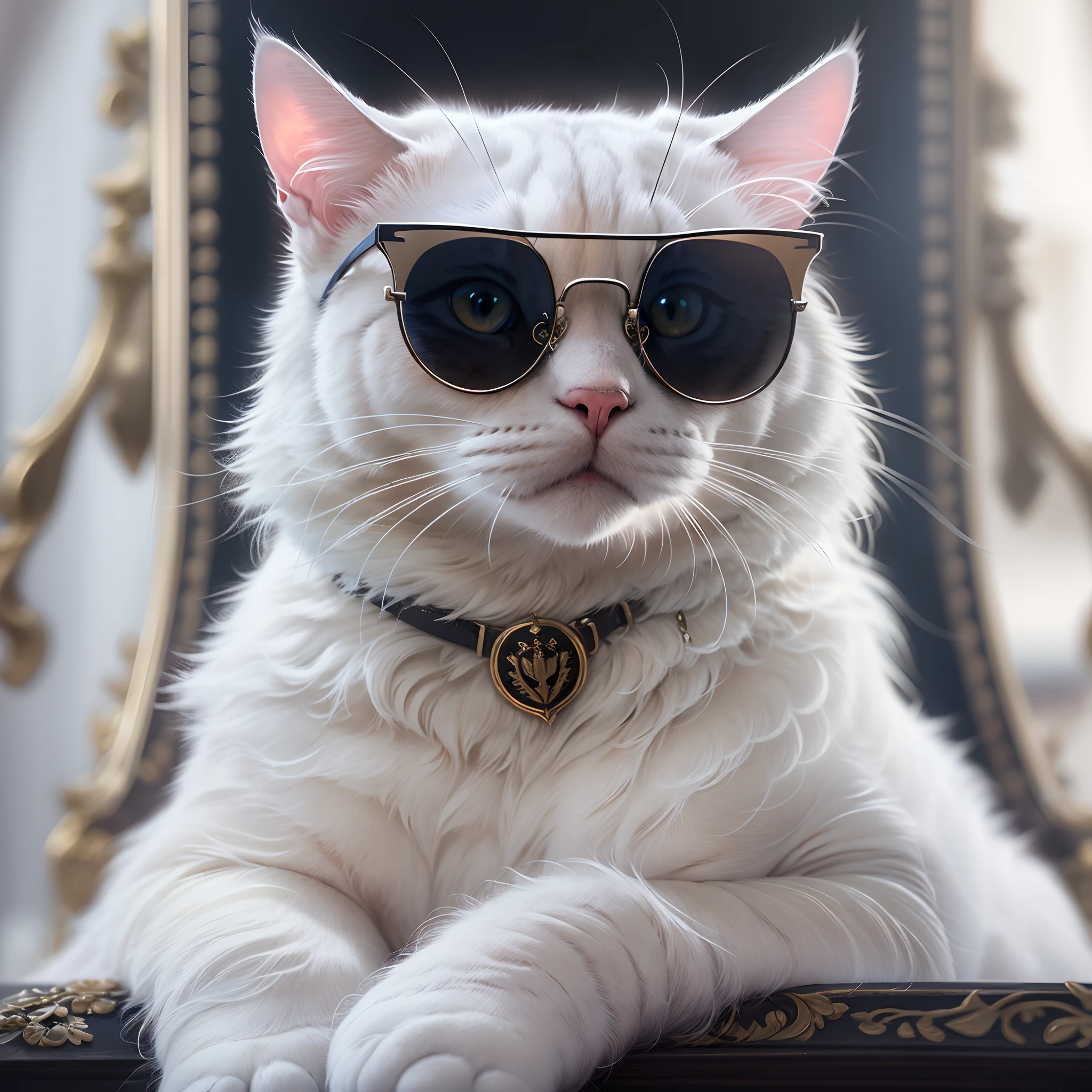 This is a portrait of a white cat sitting on a throne, masterpiece, 8k, highres, ultra detailed, top quality, white cat with black patch on nose, wearing black round sunglasses, portrait,