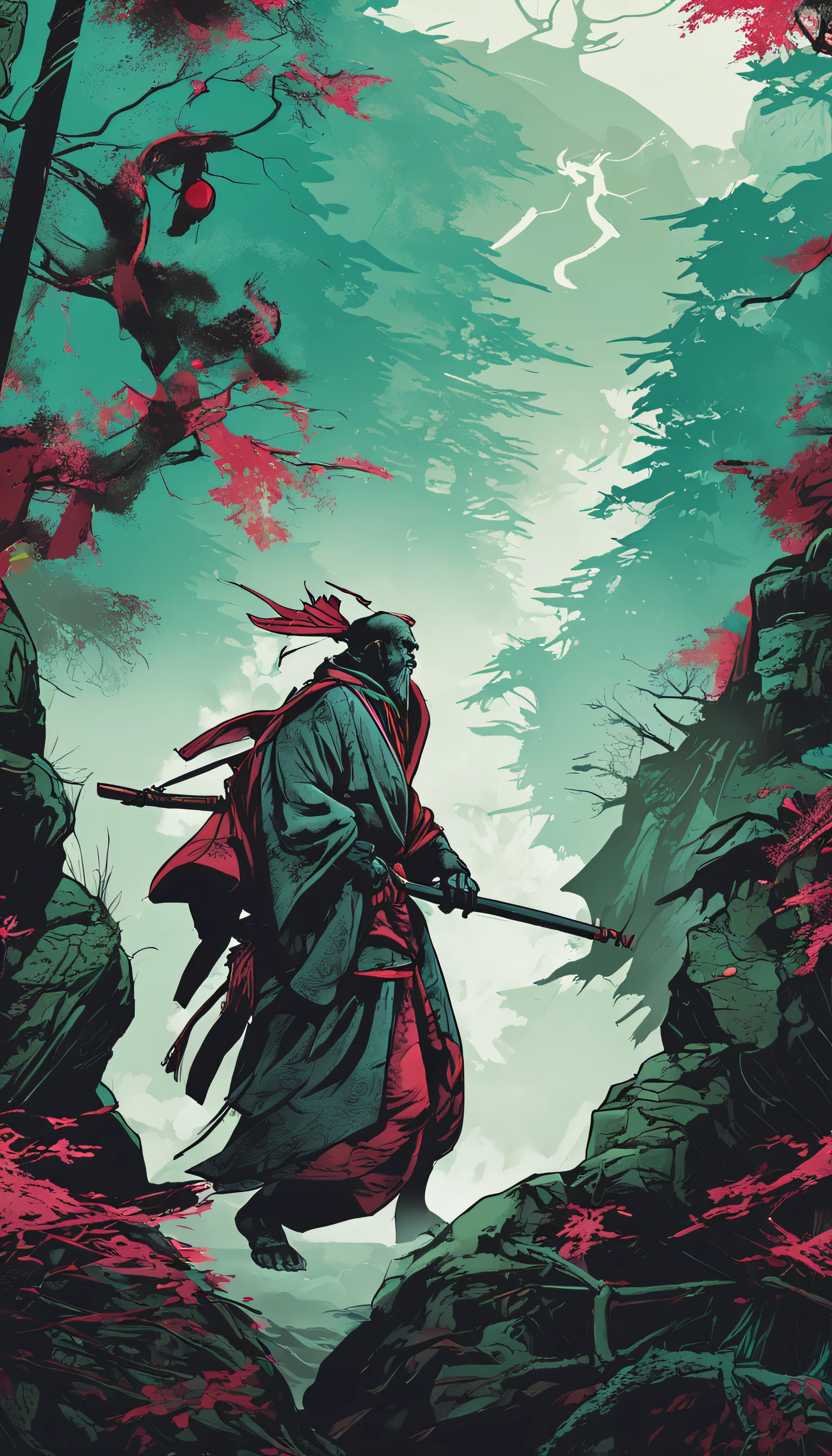 Enter the realm of the supernatural as a fearless Ronin confronts a shape-shifting Tengu in a bamboo forest.