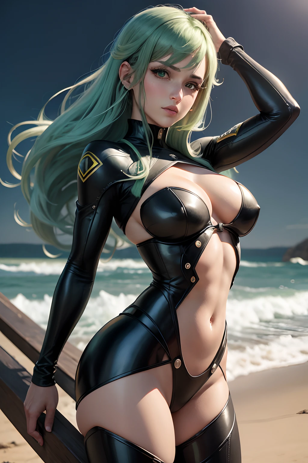 "Metal gear V " ELA Aparece linda ,rosto relismo Corpo alto 1,80 metro , corpo magro , various positions , pose sensual com pernas abertas em movimento, agachando , ao combate, Calcinha dupla preta , and green handle ,cabelos realista brilho , amarrados com mecha , lado esquerdo do rosto ,His name is quiet, Top seios . bele suada com brilho ,,,1 lente inflavermelho no olho esquerdoArmas pesadas de combate , It seems to be a reference to the film "", onde o protagonista SNACKS ,,,still doesn't wear pants due to the virus ,ela tem um tapa sexo ,preto com detalhes verde acima da cintura ..traje brilho top preto ... logo MV5 , cena com foco de verilha acima em evidencia saliente ao traje ,brilbo e realismo , o Ventre fica evidente a pele da virilha ate embaixo do seios, de costas olhando pra camera ,,,meio fio evidenciado seu lindo quadril ,bem sex