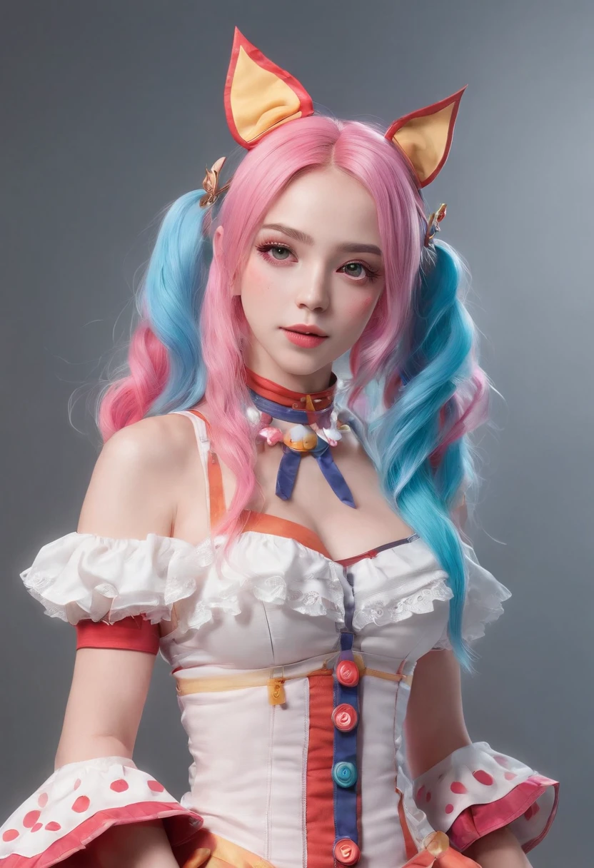 Y2K style full-body photo,Over-ear cat-ear headphones,Esports wind&sense of science and technology,Dressed in a candy-colored collection,A close-up of a -yeld giPink gradient hair, kawaii decora rainbowcore, decora inspired, and Y2K cute clown core, Beautiful and detailed Delphine, full armour,Wear matching clothing, anime vtuber full body model, complete body image, fully body photo, dollpunk, Live2D virtual Youku main model, candy girl, fully body photo. (Best quality,4K,8K,A high resolution,Masterpiece:1.2), Ultra-detailed, (Realistic, Photorealistic, photo-realistic:1.37), hdr, hyper HD, fully body photo,Studio lighting, Ultra-fine painting, Sharp focus, Physically-based rendering, Extreme detail description, professional, Vivid colors, Bokeh. sportrait, Creative photography, Vibrant colors, soft aesthetic, Fantastical Atmosphere, and soft lighting.fully body photo