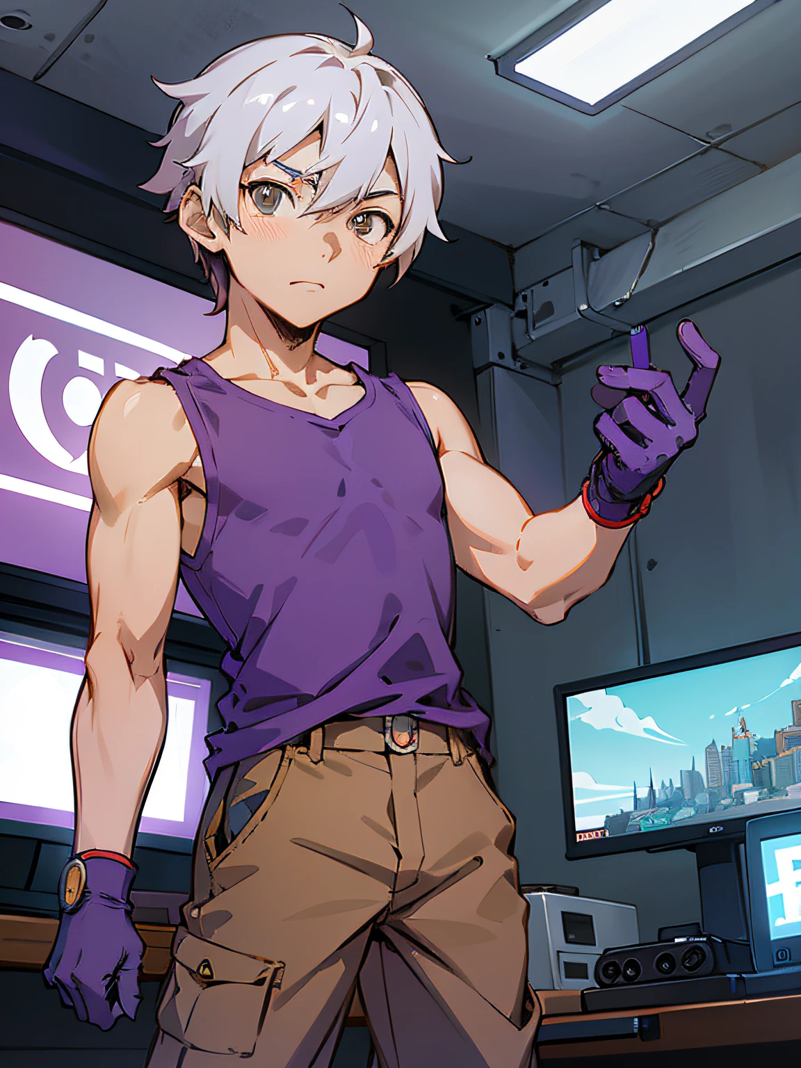 anime character in purple shirt and brown pants holding, 2 d anime style, hajime yatate, handsome anime pose, male anime character, full body portrait of a short!, official art, young anime man, trigger anime artstyle, with index finger, anime style character, shigenori soejima illustration, thin young male alchemist, full frontal profile picture